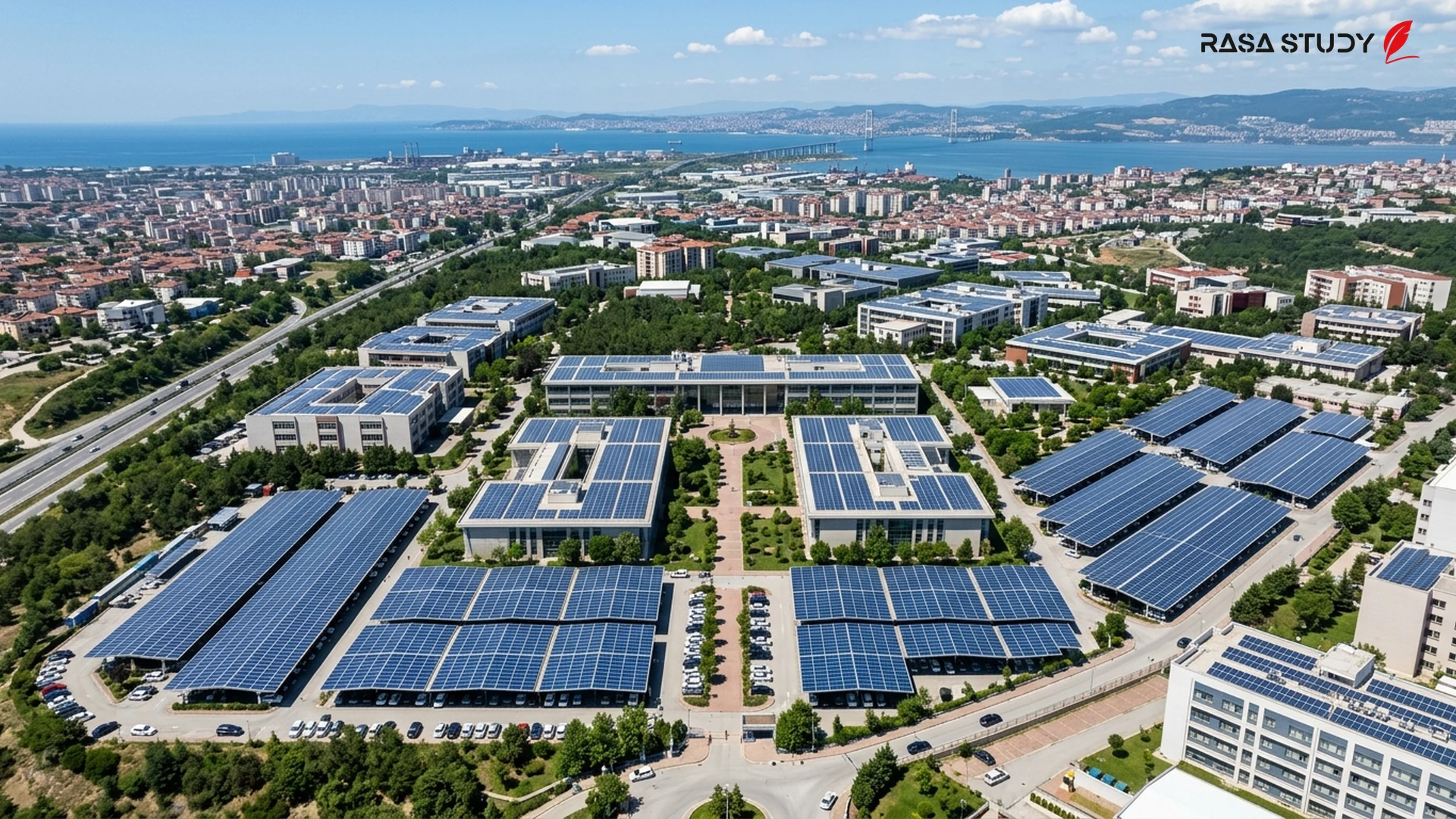 Gebze Teknik Üniversitesi kampüsüne kurulan güneş panellerinin havadan görünümü