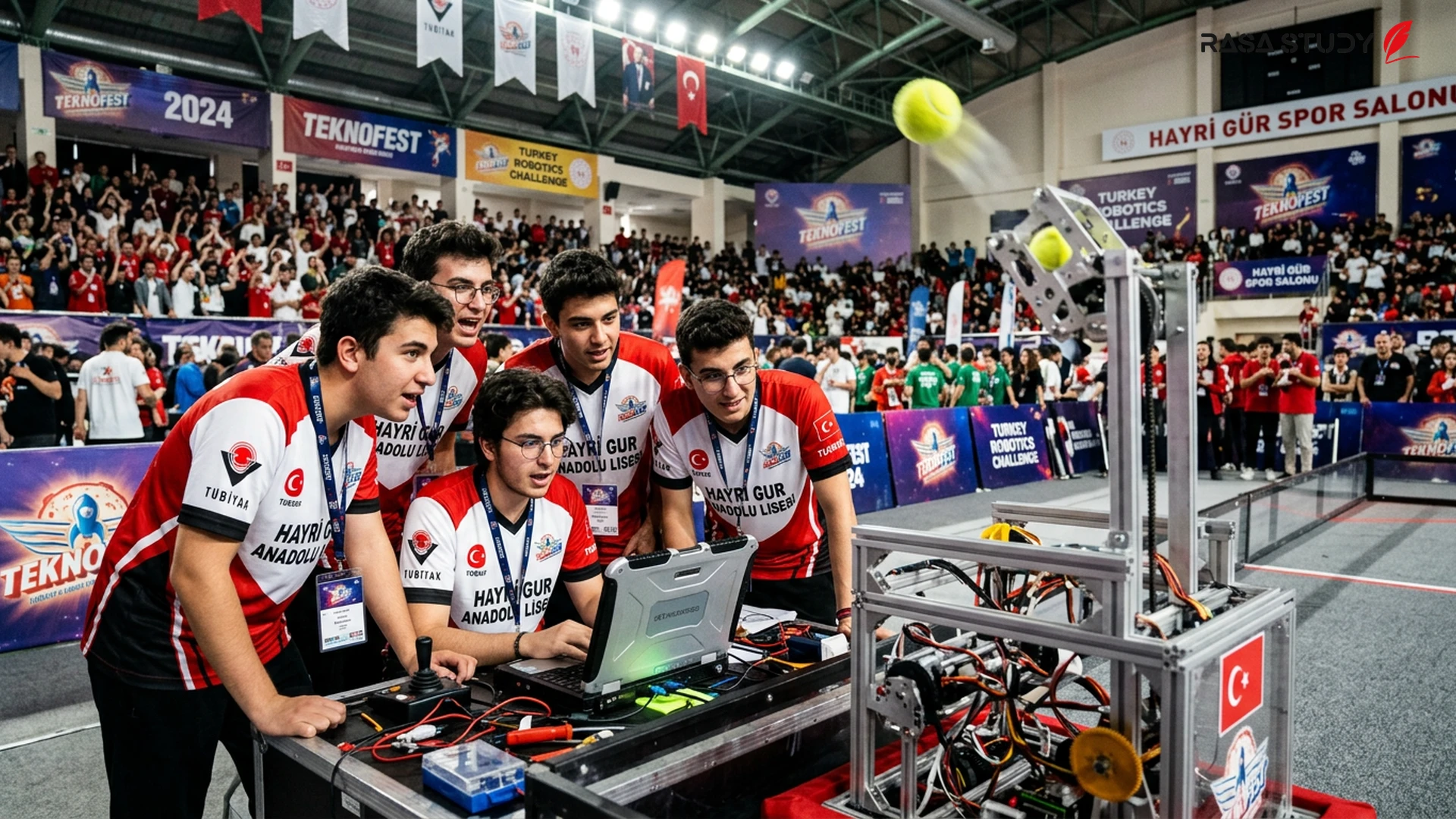 FRC Trabzon 2026 yarışmasında robotları üzerinde çalışan lise öğrencileri
