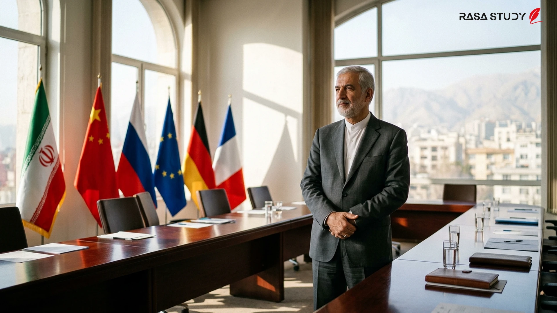 Iranian flag next to an international diplomatic negotiation table