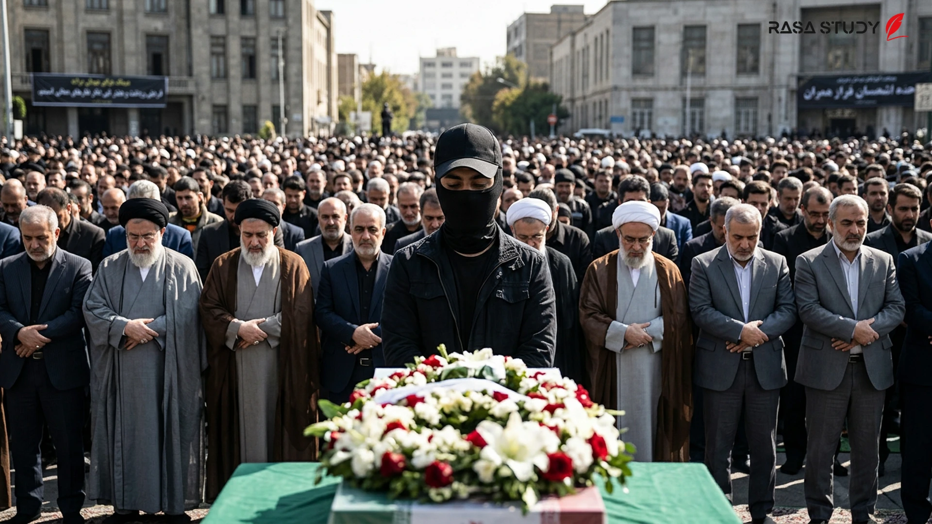 مردی با ماسک سیاه و کلاه بیسبال در مراسم تشییع جنازه علی خامنه‌ای در تهران