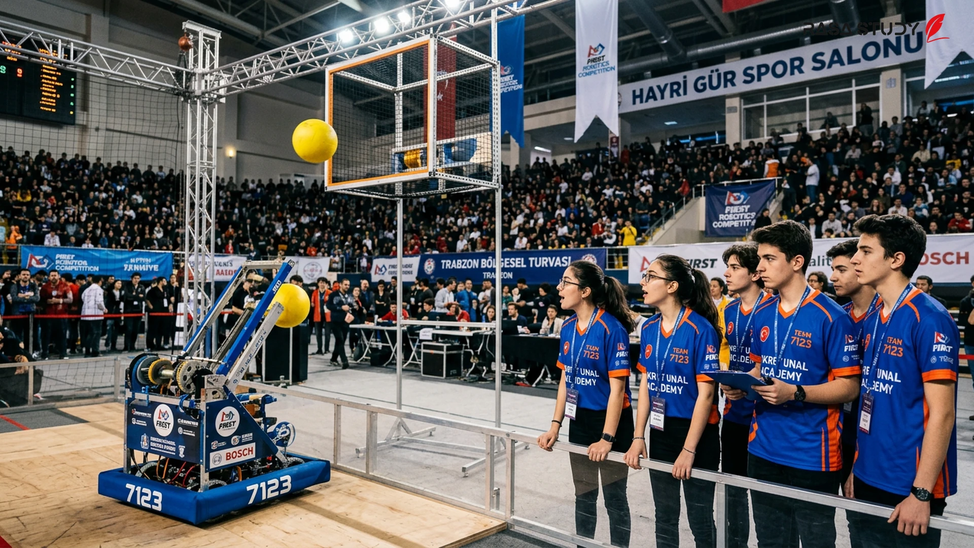 Students operating robots at the Trabzon 2026 international competition
