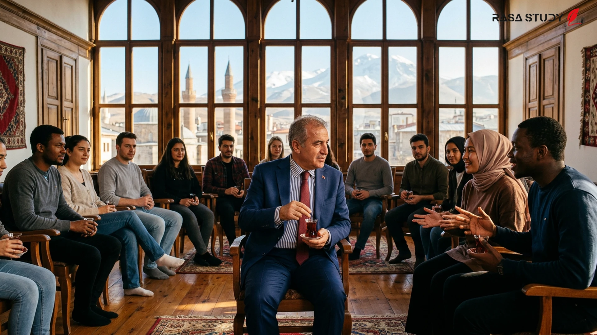 Erzurum Mayor Mehmet Sekmen meeting with international students in the municipal office