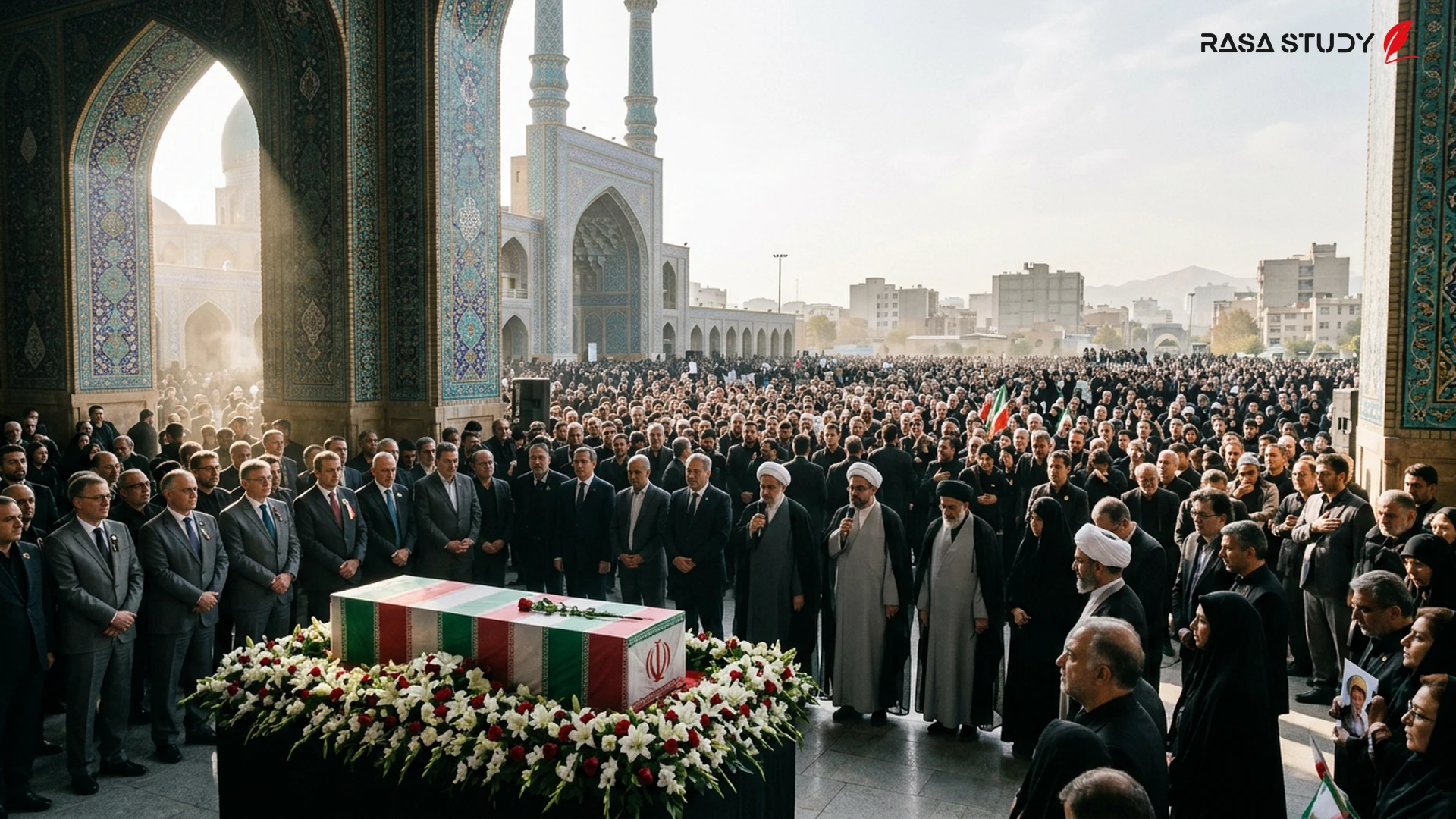 تابوت آیت‌الله خامنه‌ای در مصلای تهران در میان جمعیت عزادار و مقامات خارجی