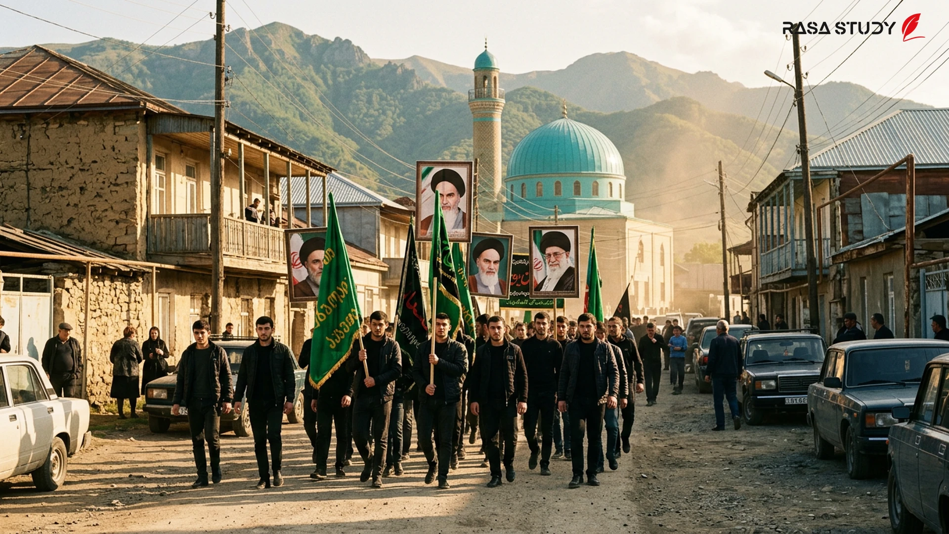 تصویری از یک مرکز مذهبی در منطقه مارنئولی گرجستان با نمادهای مذهبی و فرهنگی آذری.