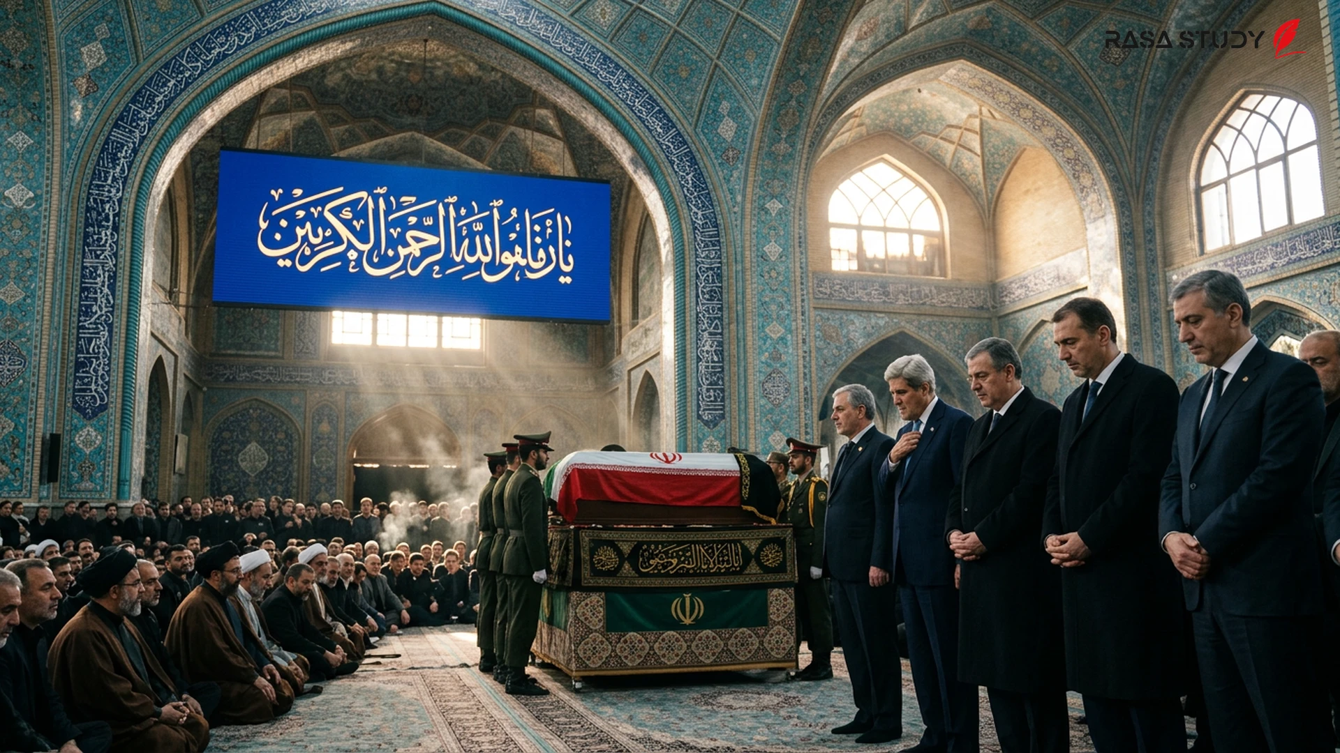 مراسم تشییع آیتالله خامنهای در مصلای تهران با حضور هیئتهای خارجی و تابوتهای پوشیده شده.
