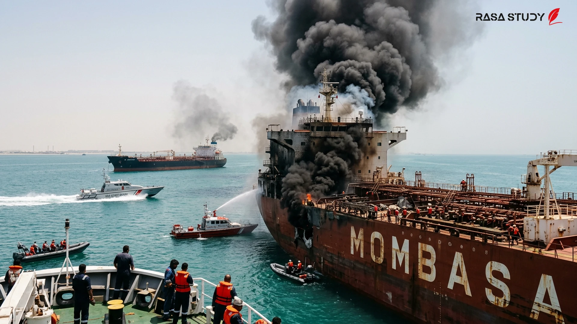 Image of smoke from a fire on an oil tanker in Persian Gulf waters