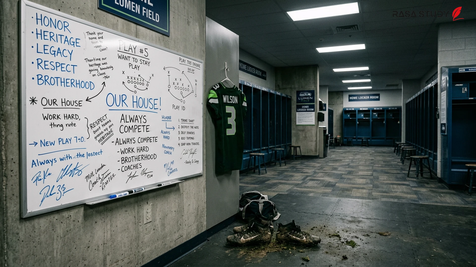 2026 Dünya Kupası'nda Seattle Lumen Field stadyumu soyunma odası tahtasındaki İran milli takımı mesajının görüntüsü