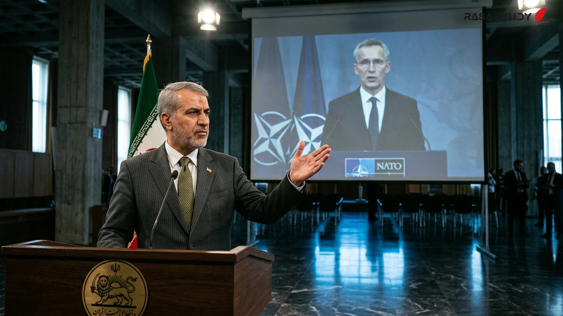 2026 diplomatik gerilimleri zemininde bir NATO toplantısı ve İran bayrağının arşiv görüntüsü