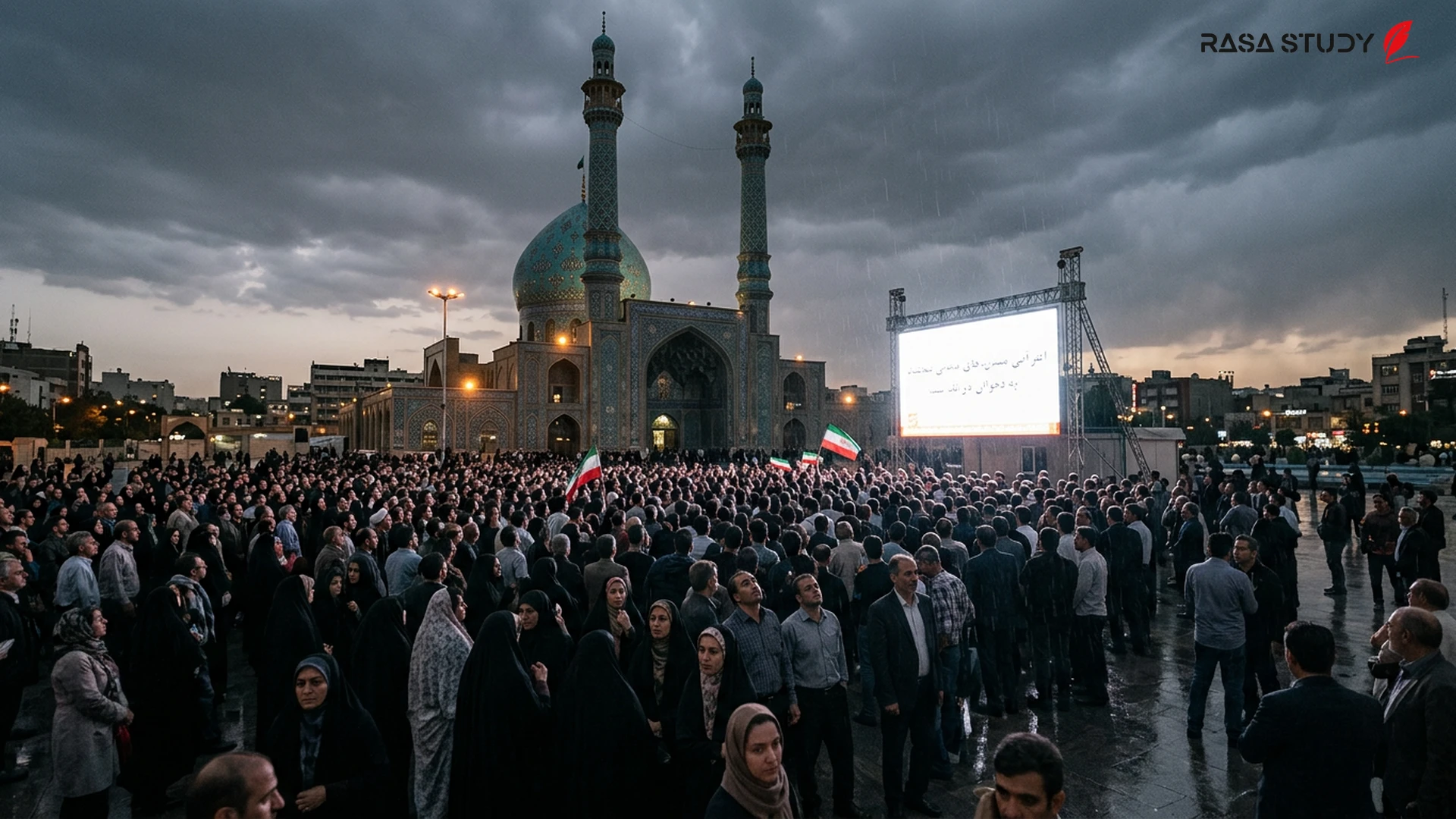 تصویر نمادین از پرچم ایران و ایالات متحده در کنار نمادهای اسلامی