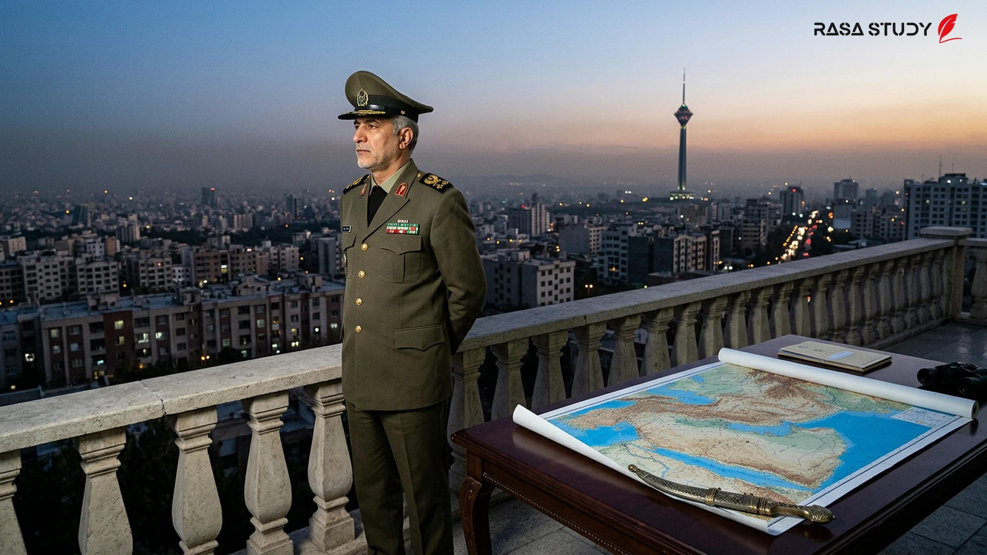 منظر لبرج آزادي في طهران عند غروب الشمس في يوليو 2026 مع لافتات المراسم الرسمية