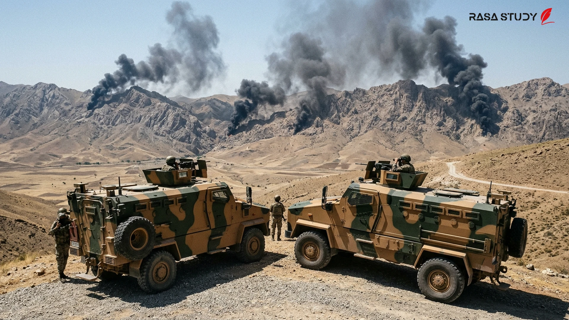 View of the Hakkari border mountains in Turkey and smoke from a possible explosion