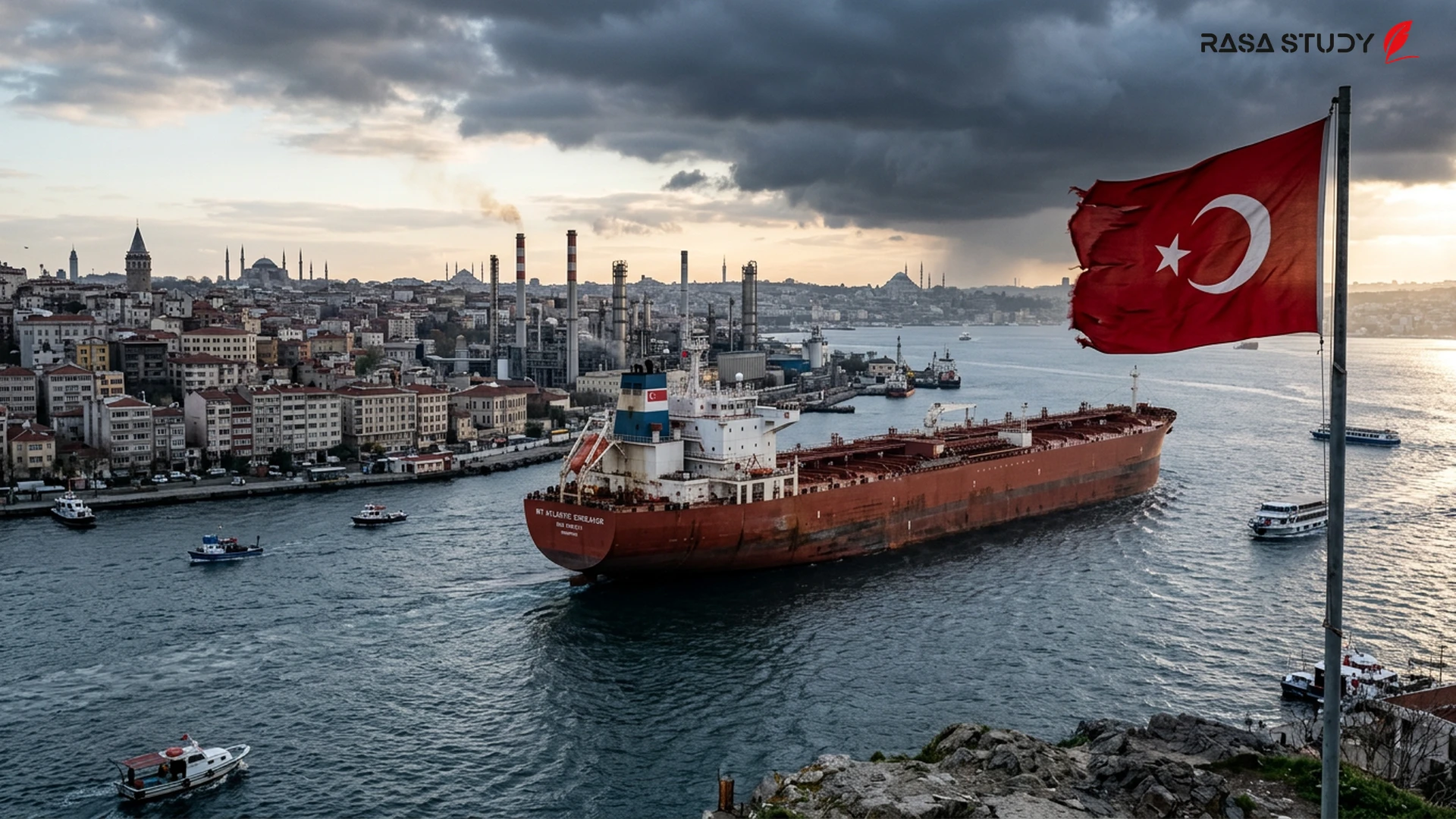 Hürmüz Boğazı'ndaki petrol tankerlerinin görünümü ve ekonomik arka planda Türk bayrağı