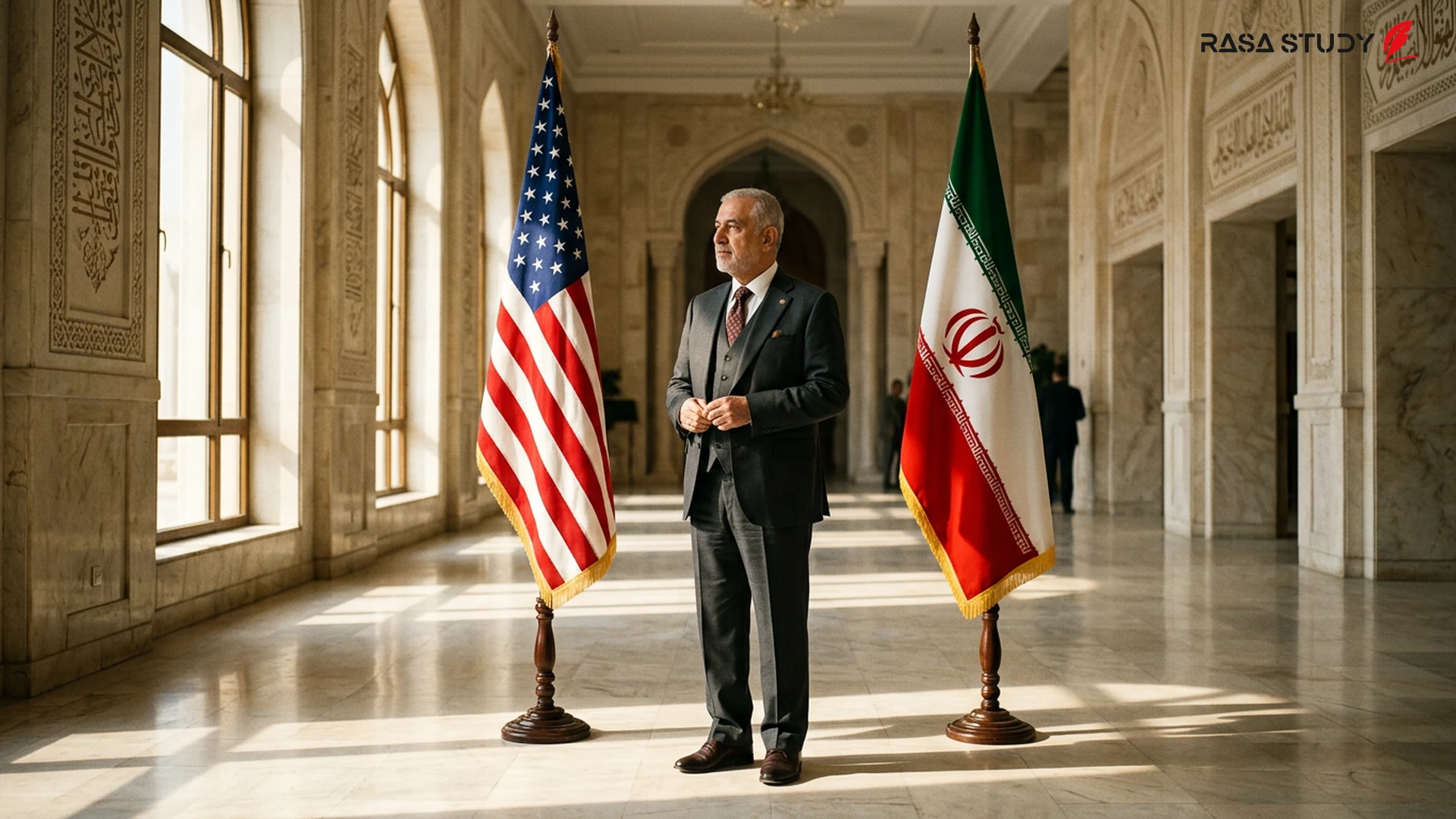 Flags of Iraq, Iran, and the United States together, symbolizing regional diplomacy