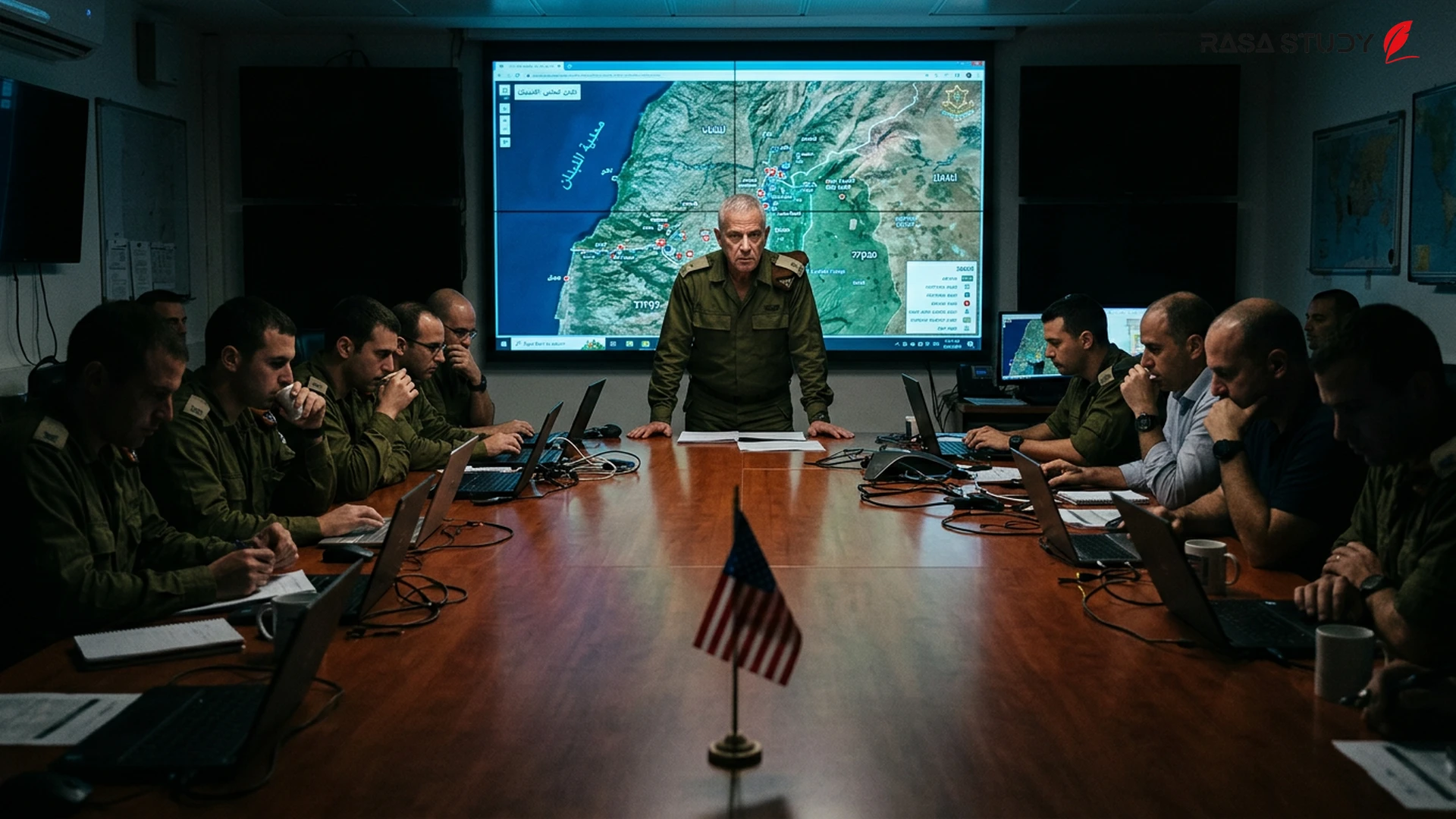 Image of Israeli and American flags alongside a view of nuclear and military facilities