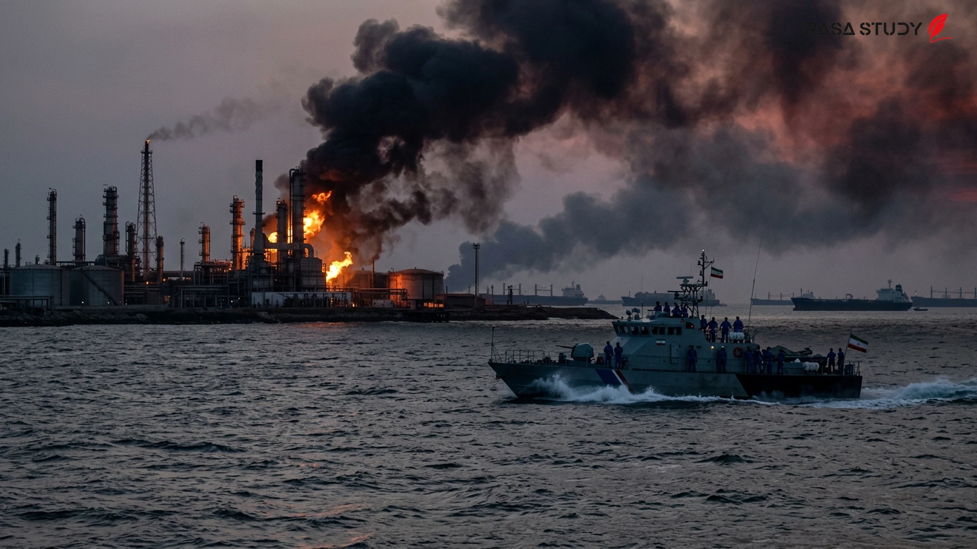 Symbolic image of geopolitical tensions in the Middle East and political maps of the region