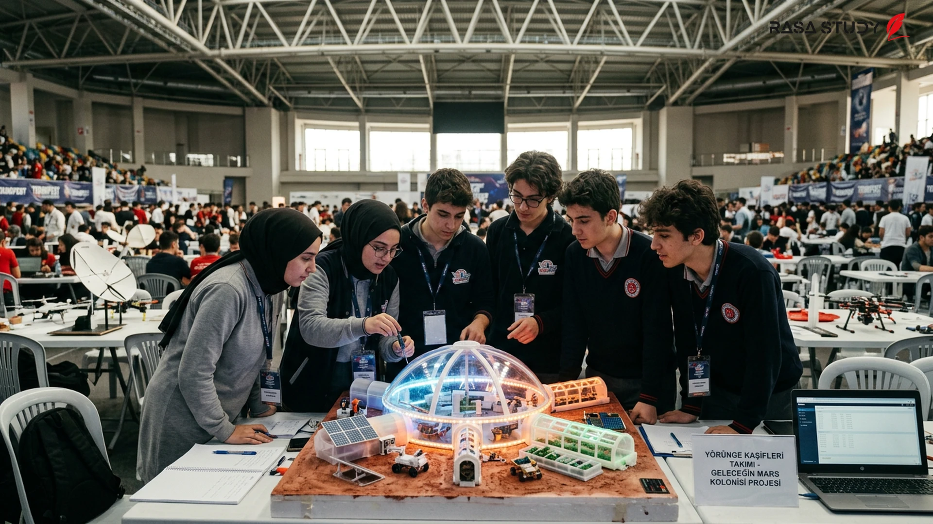 Students displaying space capsule models and aerospace projects at the Istanbul exhibition