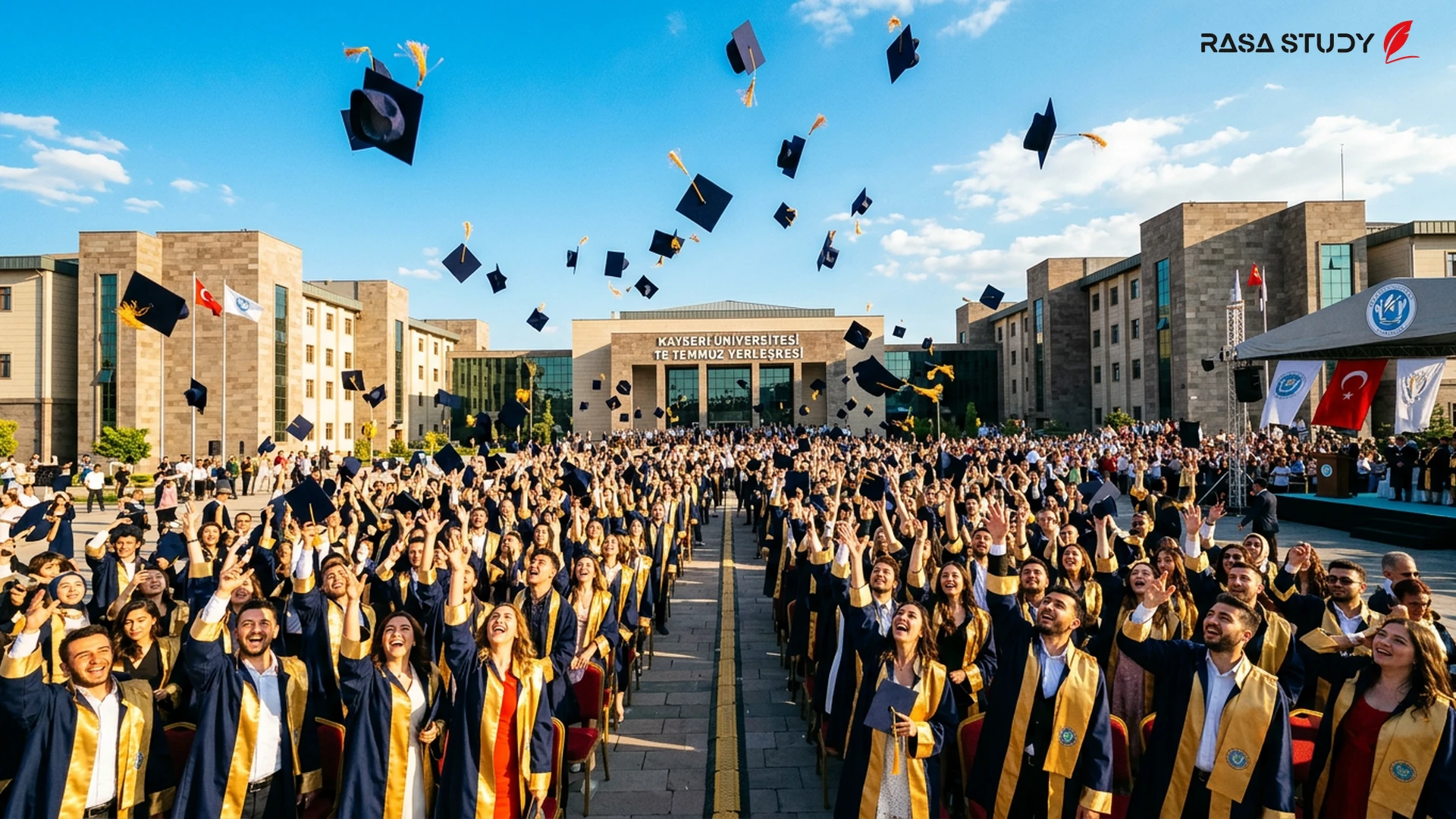 Kayseri Üniversitesi öğrencileri 2026 mezuniyet töreninde kep atarken
