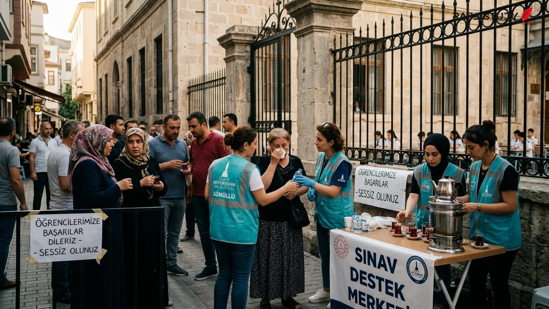 Konak Municipality support station in front of a school on exam day