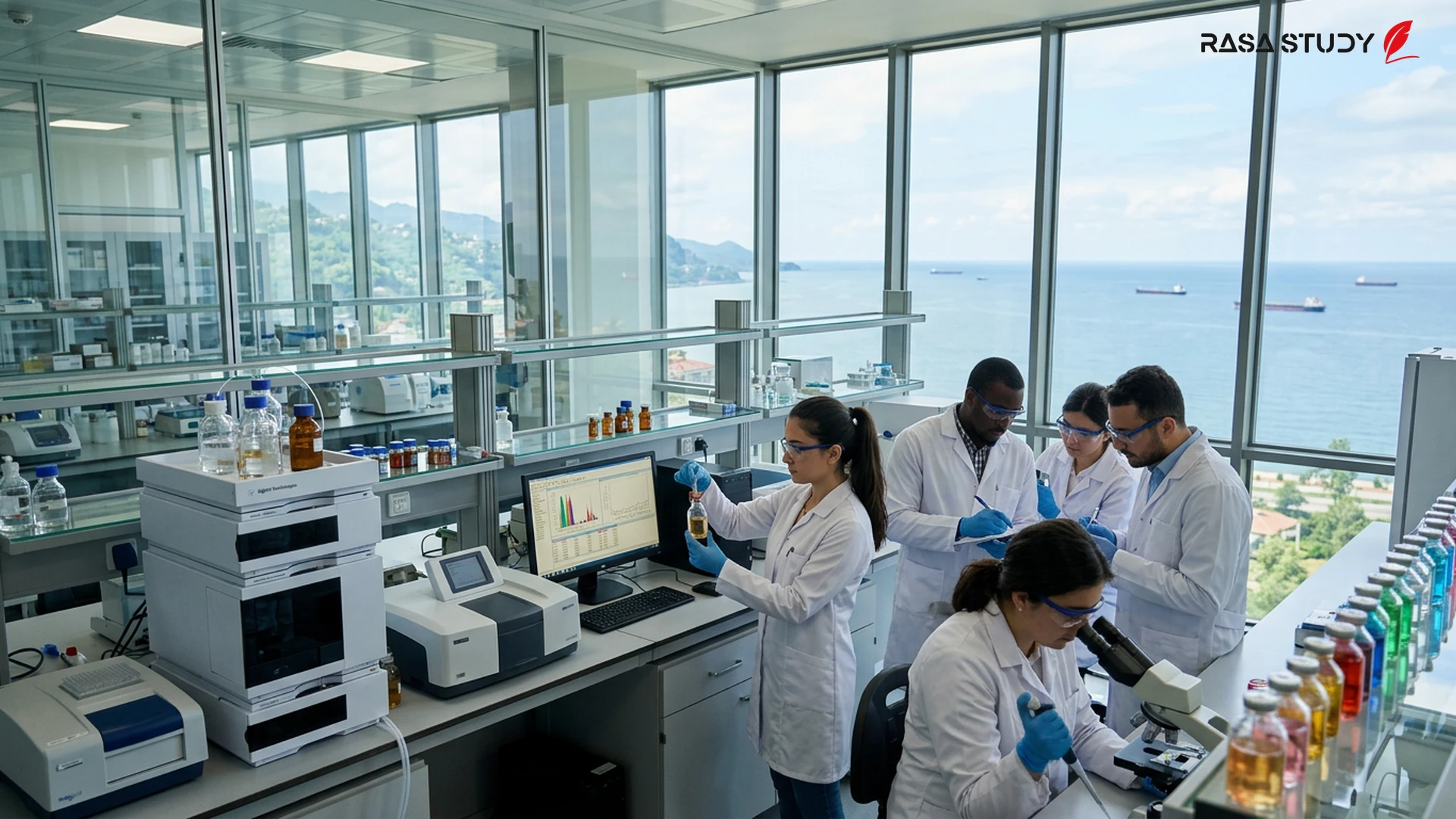 Karadeniz Teknik Üniversitesi İLAFAR merkezinin ileri düzey laboratuvarında araştırma yapan uluslararası öğrenciler