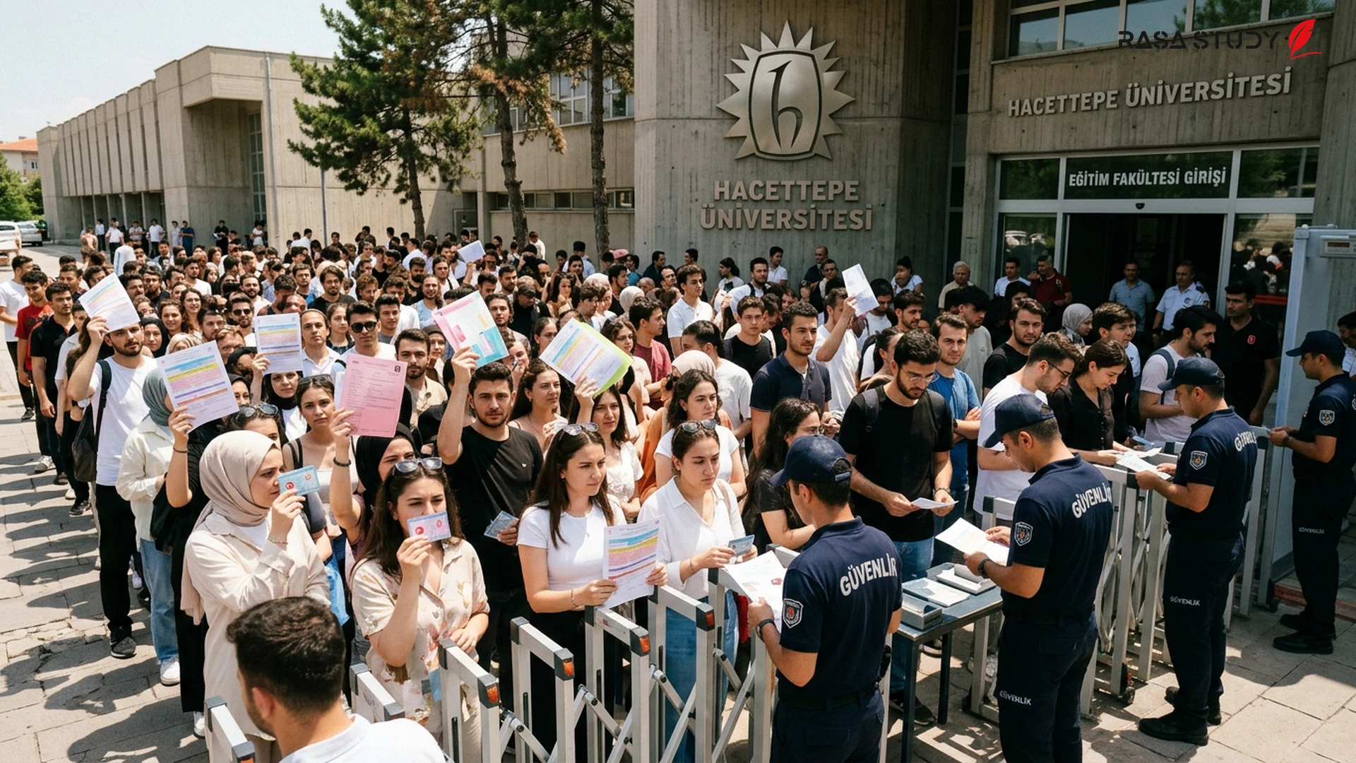 ÖSYM logosu ve sınav giriş belgelerini kontrol eden adaylar