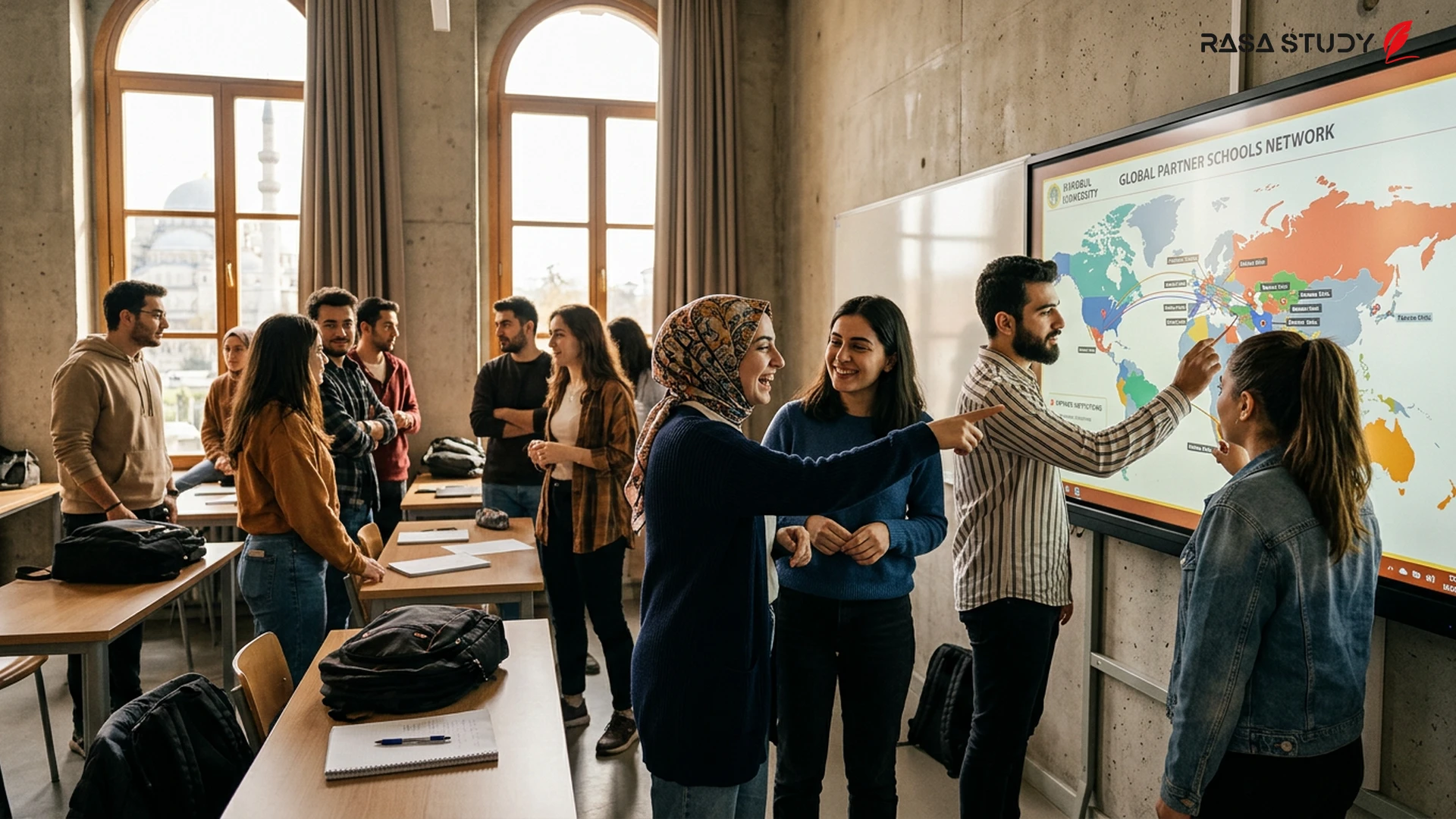 An image of the Turkish flag and international educational symbols in a modern classroom