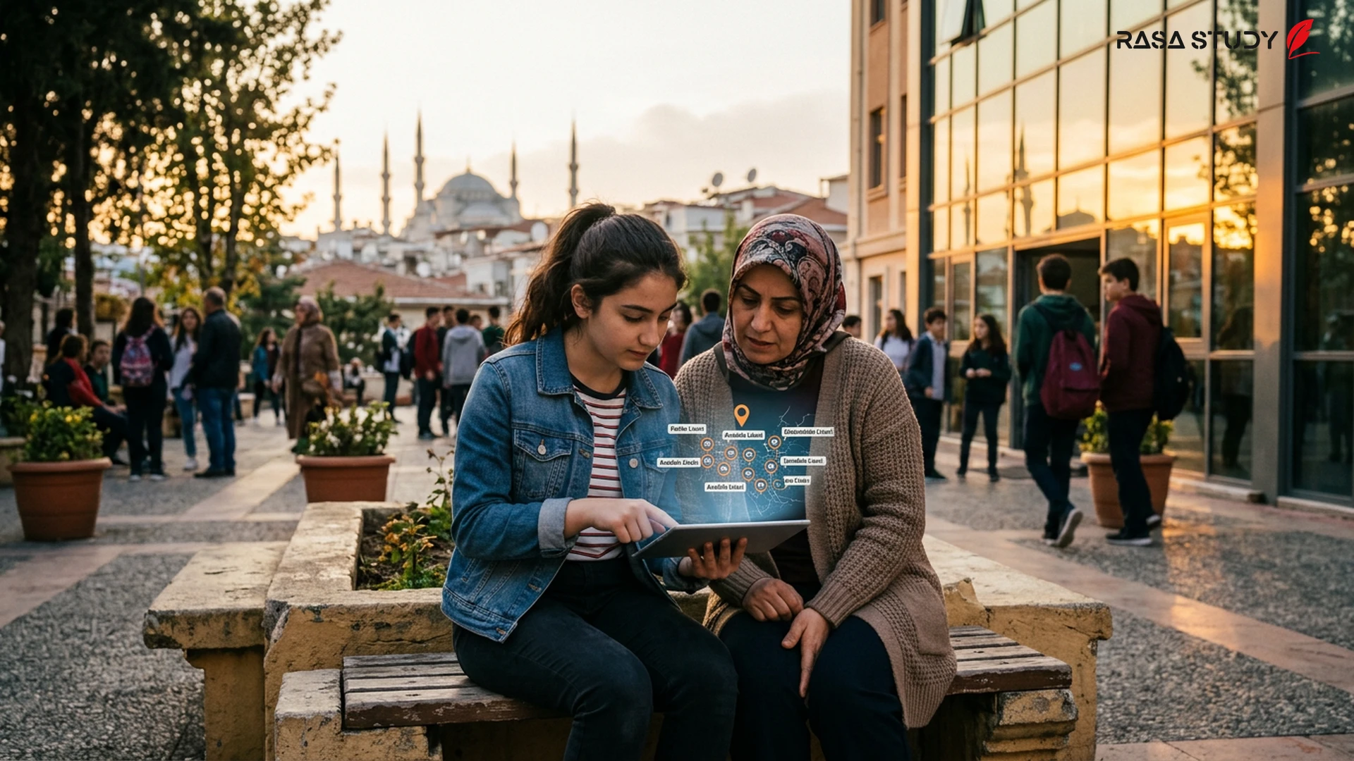 Symbolic image of students using a tablet for school selection on the Rota Maarif platform in Turkey