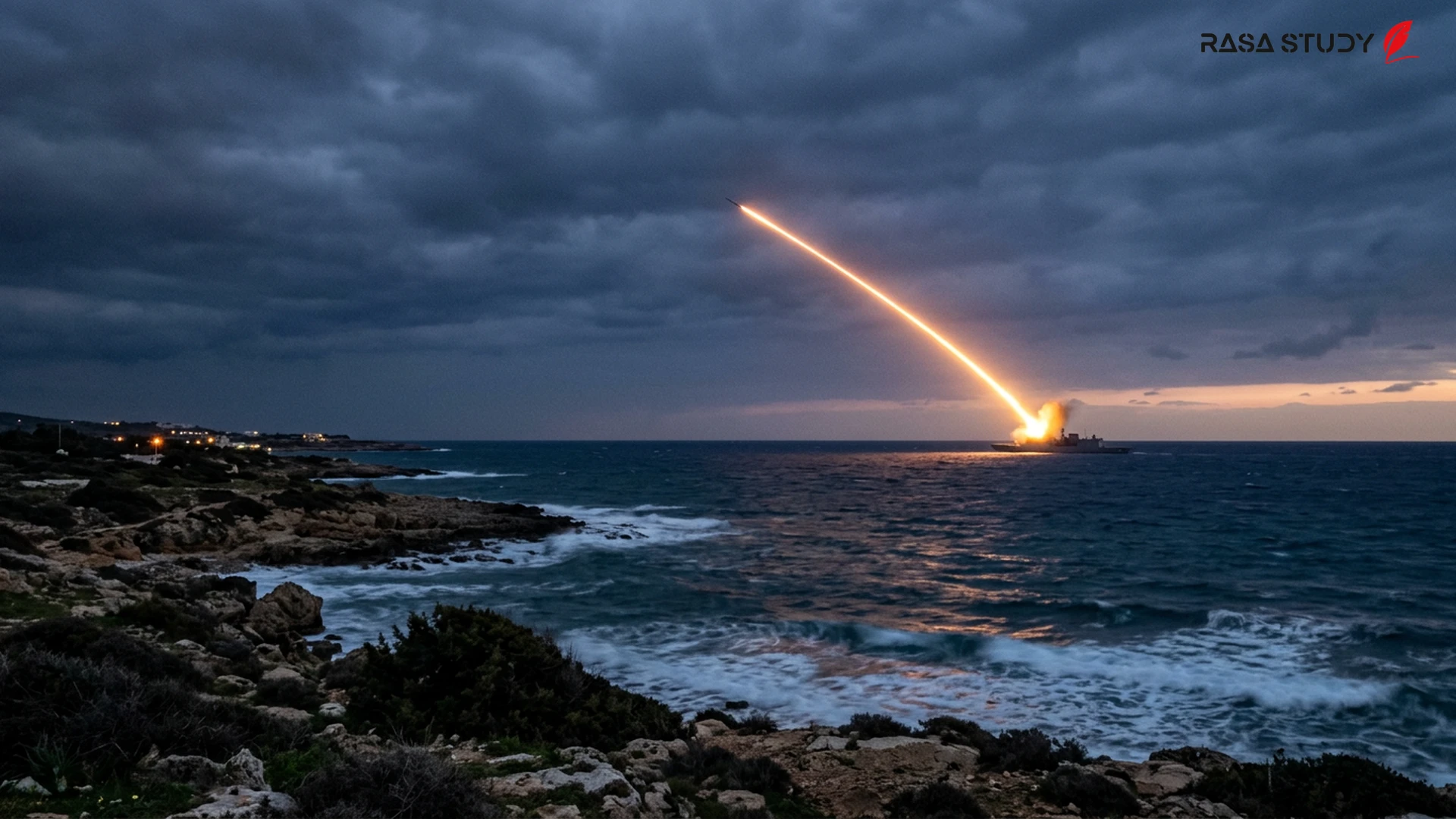 Map of the Eastern Mediterranean and potential missile paths from near Cyprus toward Iran