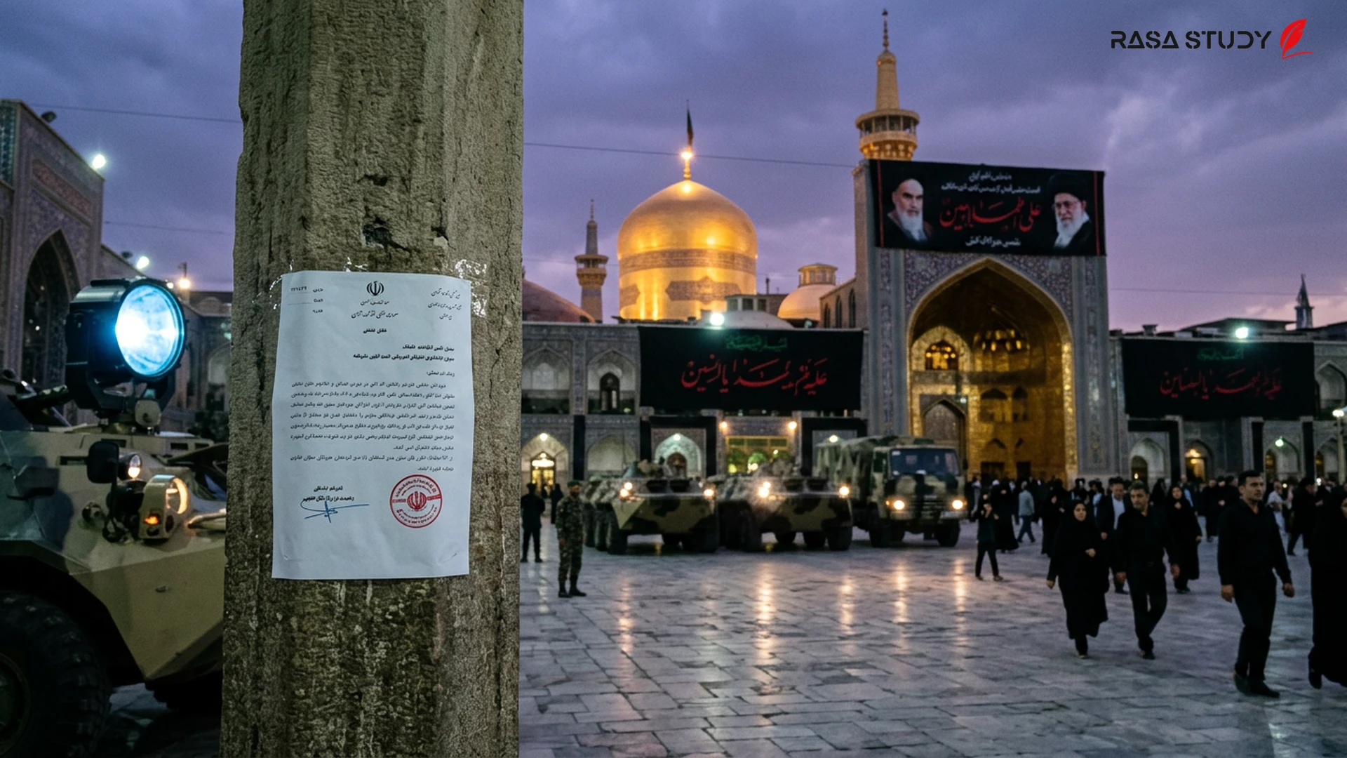 Mücteba Hamaney'in yazılı mesajı ve Meşhed'deki cenaze töreninde Ali Hamaney'in posterlerinin görüntüsü