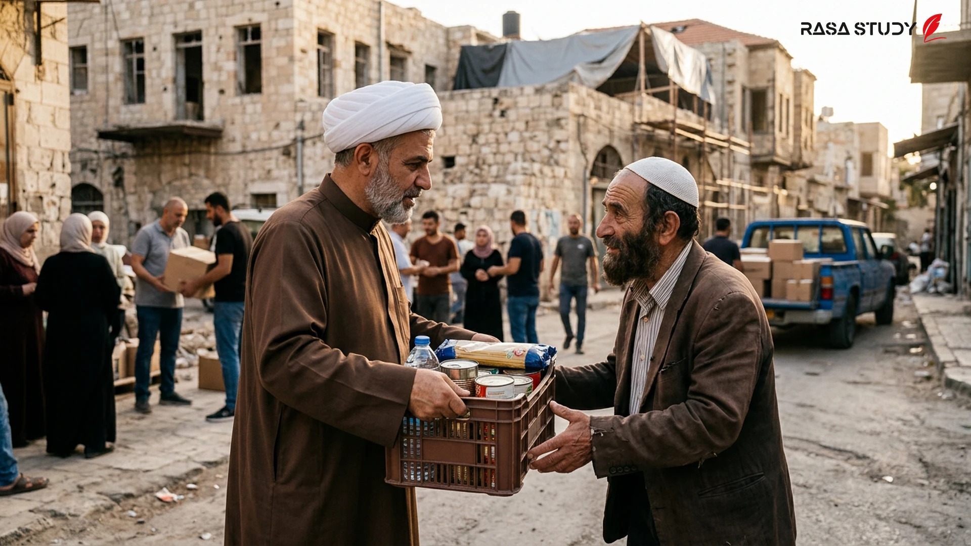 صورة رمزیة لتعاون قادة دینیین مختلفین أثناء توزیع المساعدات الإنسانیة