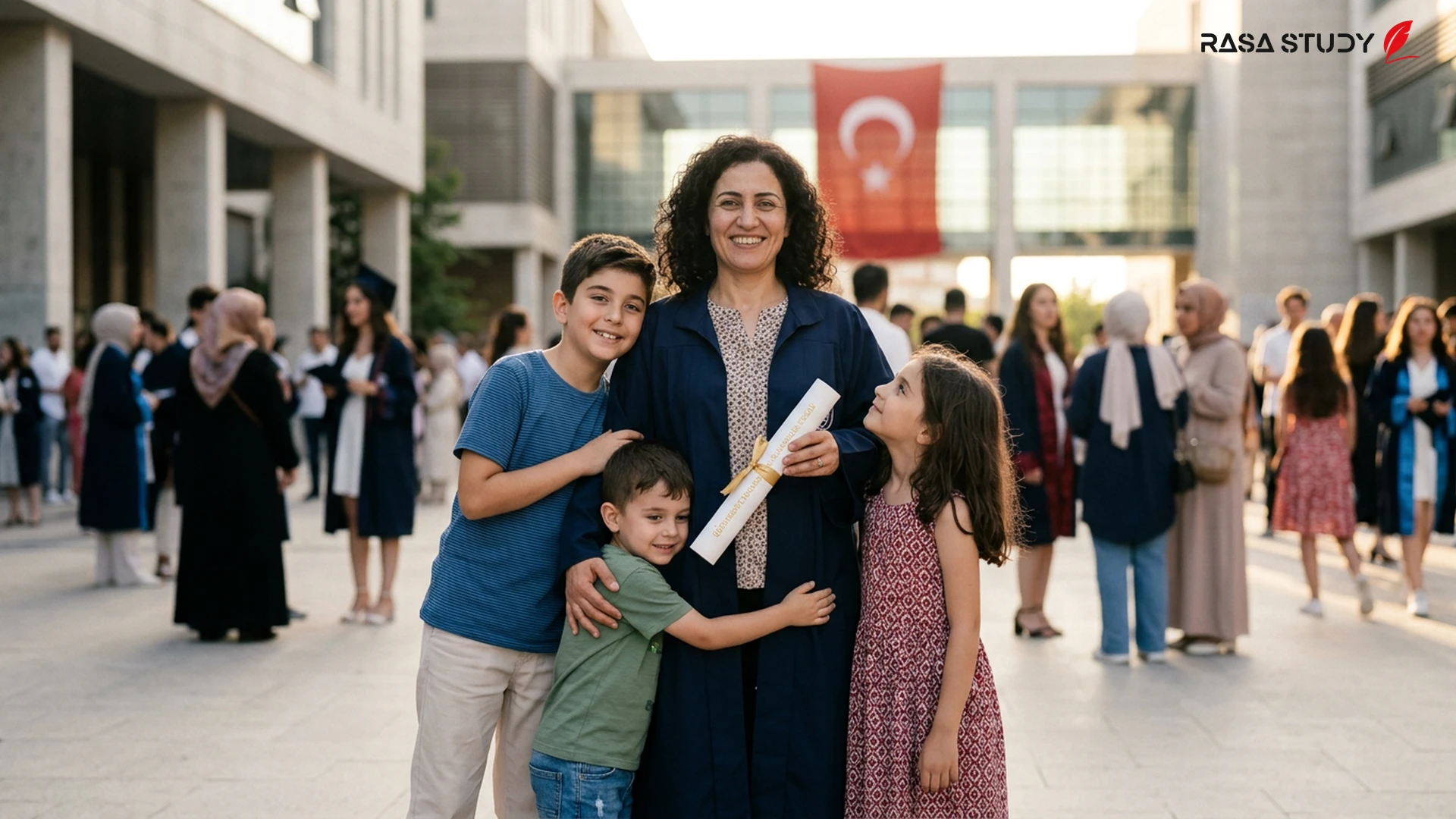 Hatice Kuşçalı mezuniyet cübbesiyle çocuklarının yanında