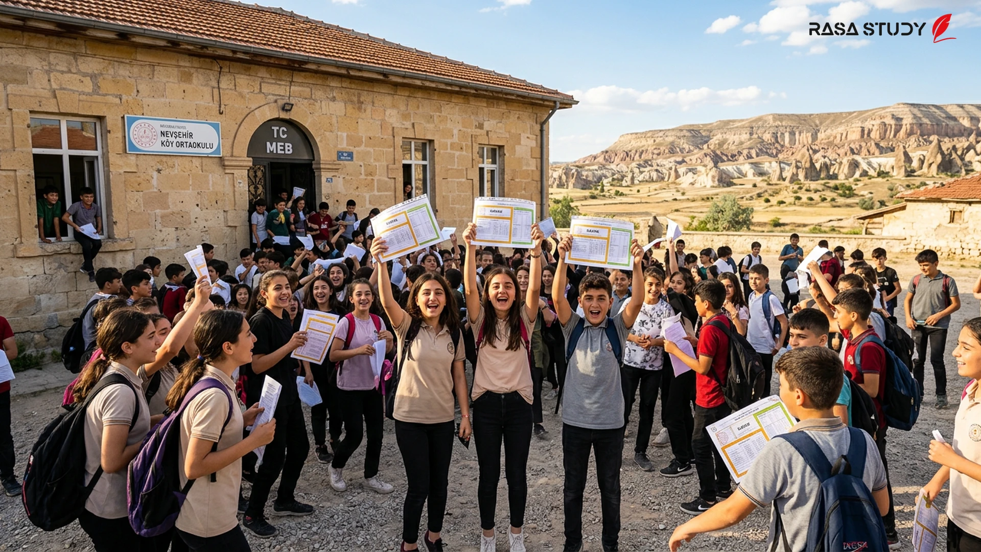 Nevşehir'de bir okulda karne alan öğrenciler