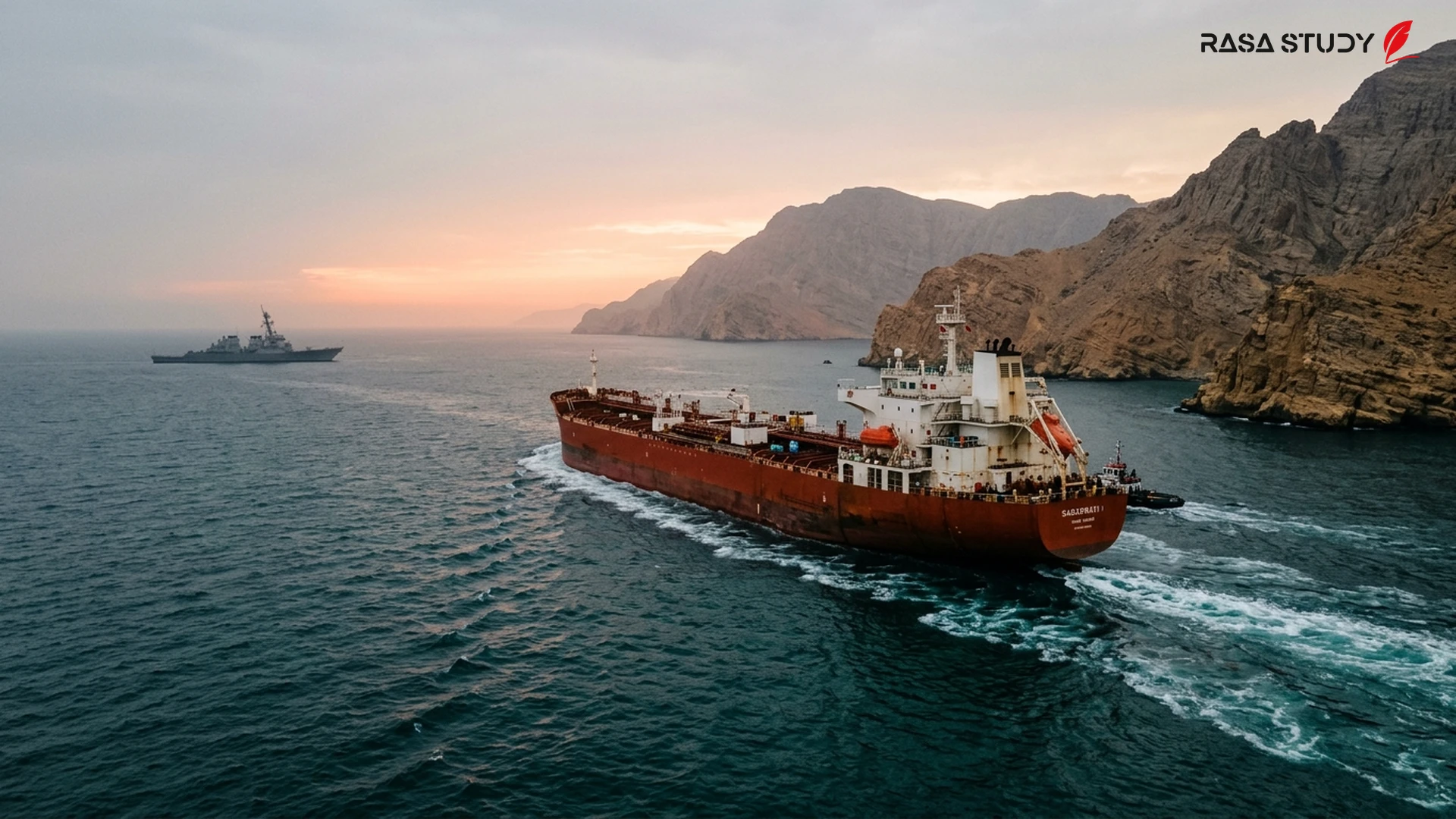 Aerial view of oil tankers passing through the Strait of Hormuz