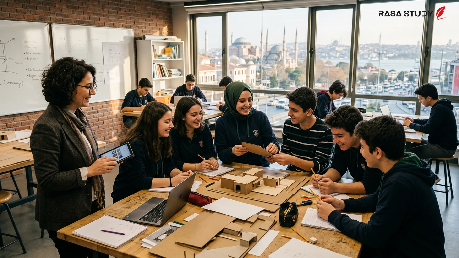 Türkiye'de modern bir sınıfta grup çalışması yapan öğrenciler