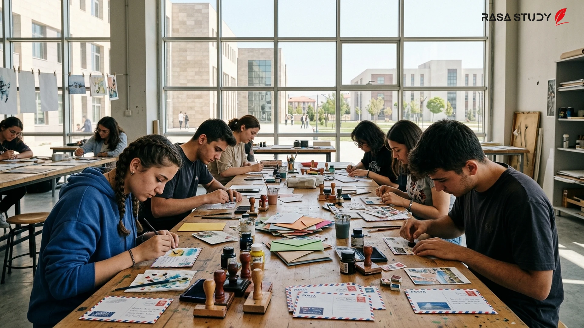 Niğde Ömer Halisdemir Üniversitesi sanatçı öğrencileri Uluslararası Mail Art Sergisi için eser hazırlarken