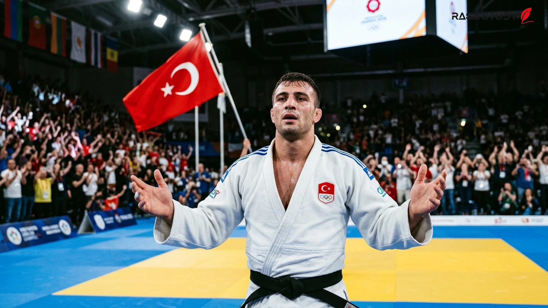 Türk bayrağı ile şampiyonluğu kutlayan galip judocu