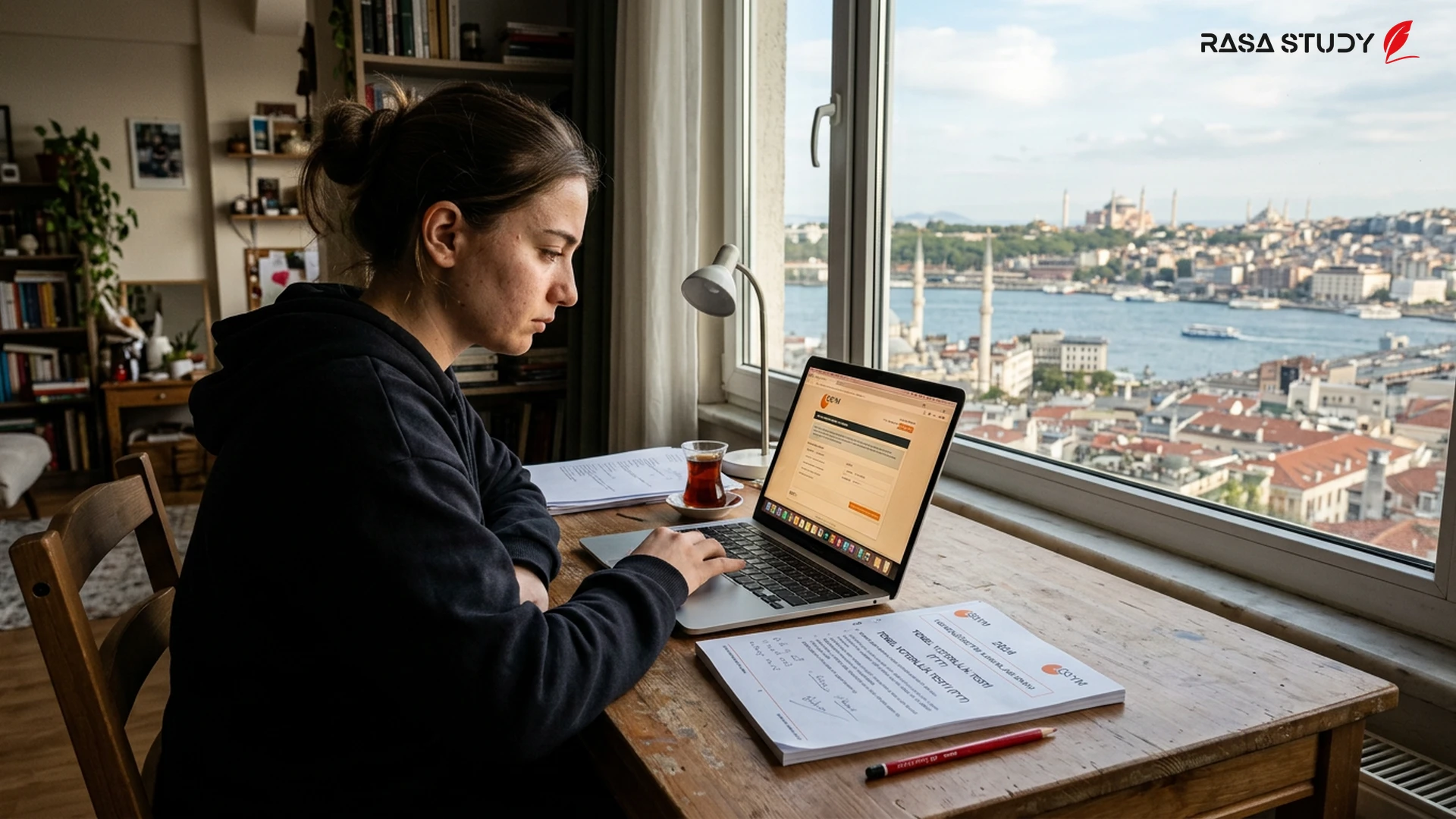ÖSYM building and candidates reviewing national exam question booklets