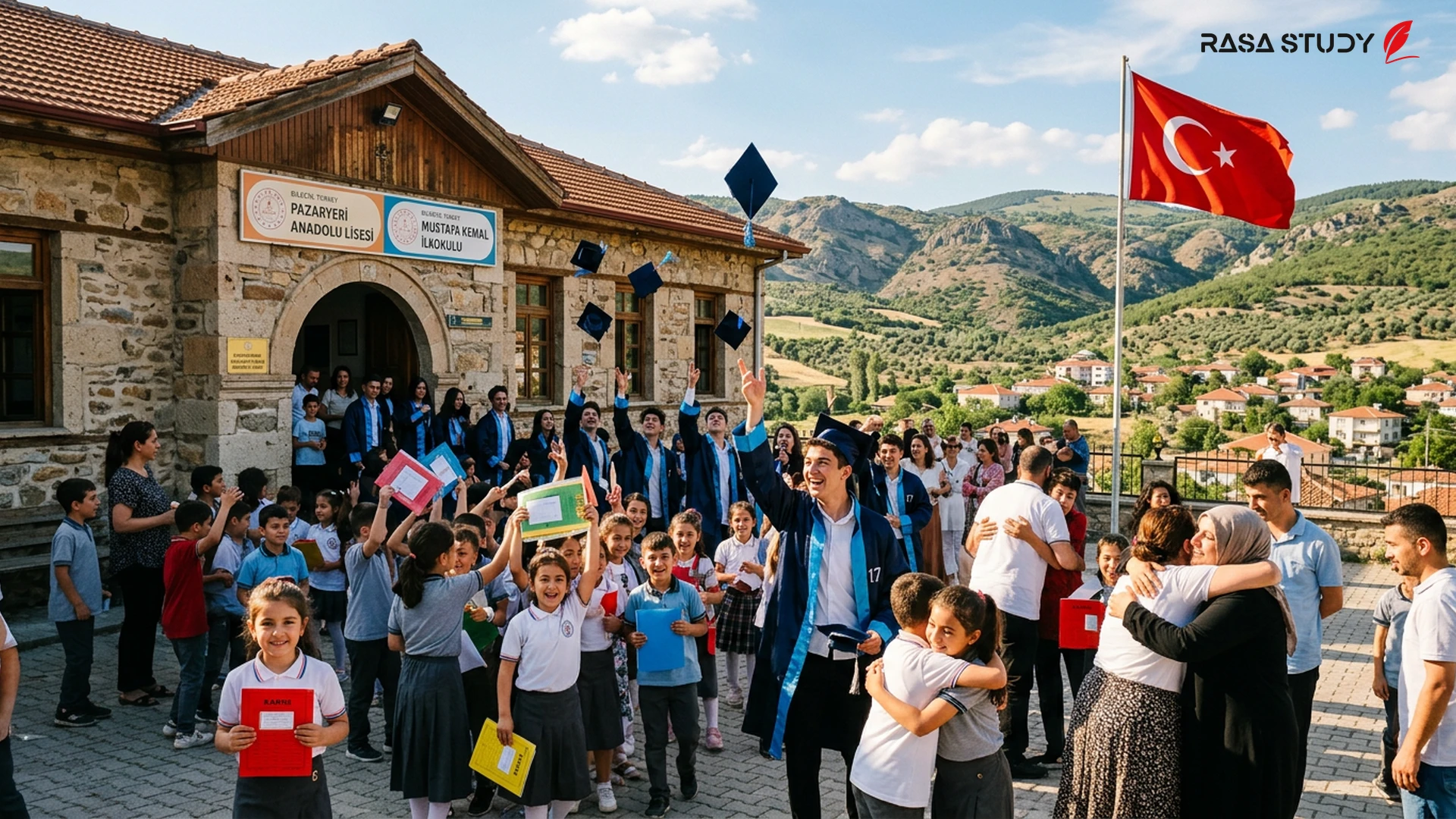 Students receiving report cards at a school in Pazaryeri, Turkey