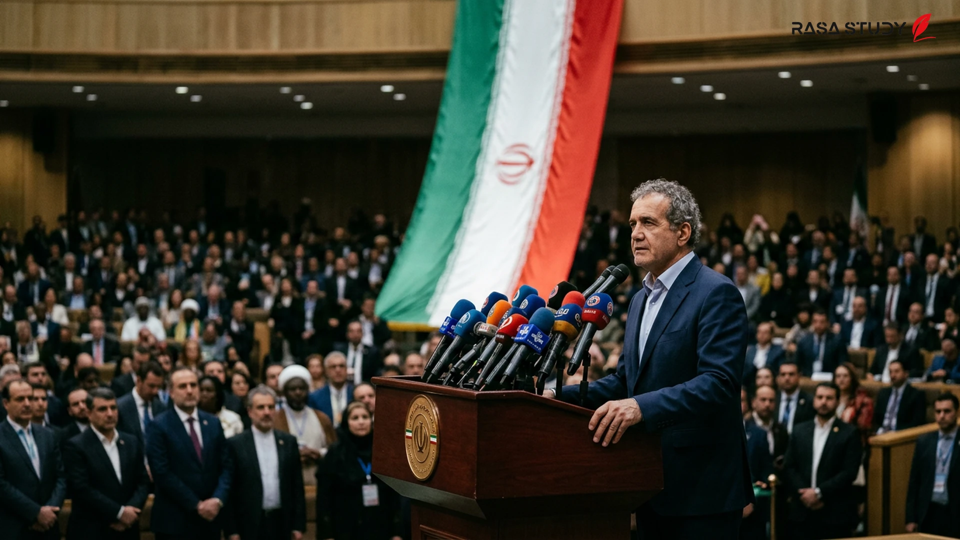 مسعود پزشکیان در حال سخنرانی در کنفرانس بینالمللی تهران ۲۰۲۶