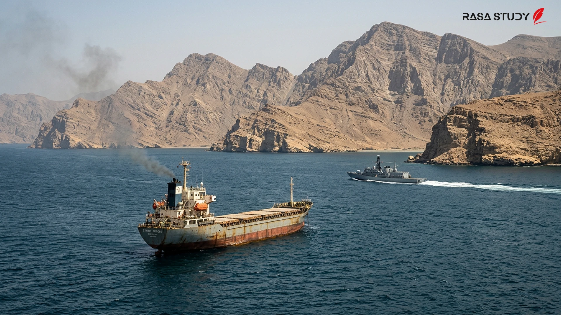 View of the Strait of Hormuz and oil tankers under security measures