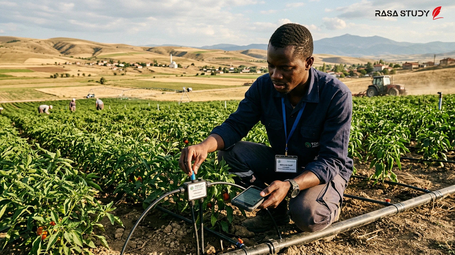 احمد، مهندس سنگالی، در حال بررسی تجهیزات کشاورزی در مزارع توکات ترکیه