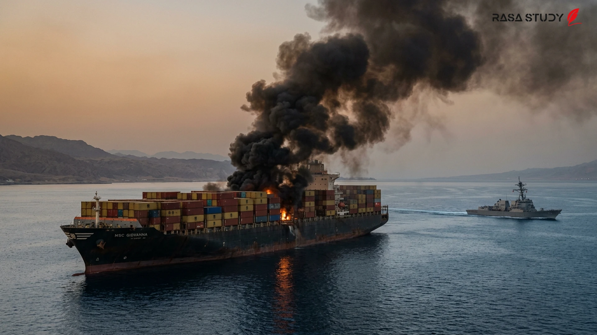 View of warships in the Strait of Hormuz and smoke from military conflicts on the horizon
