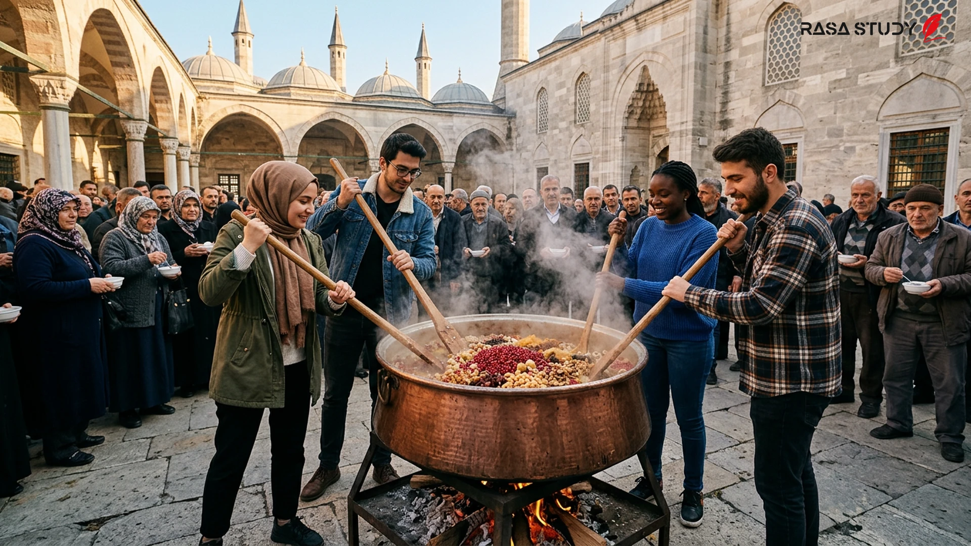 Students distributing traditional Ashura pudding in the city of Kastamonu, Turkey