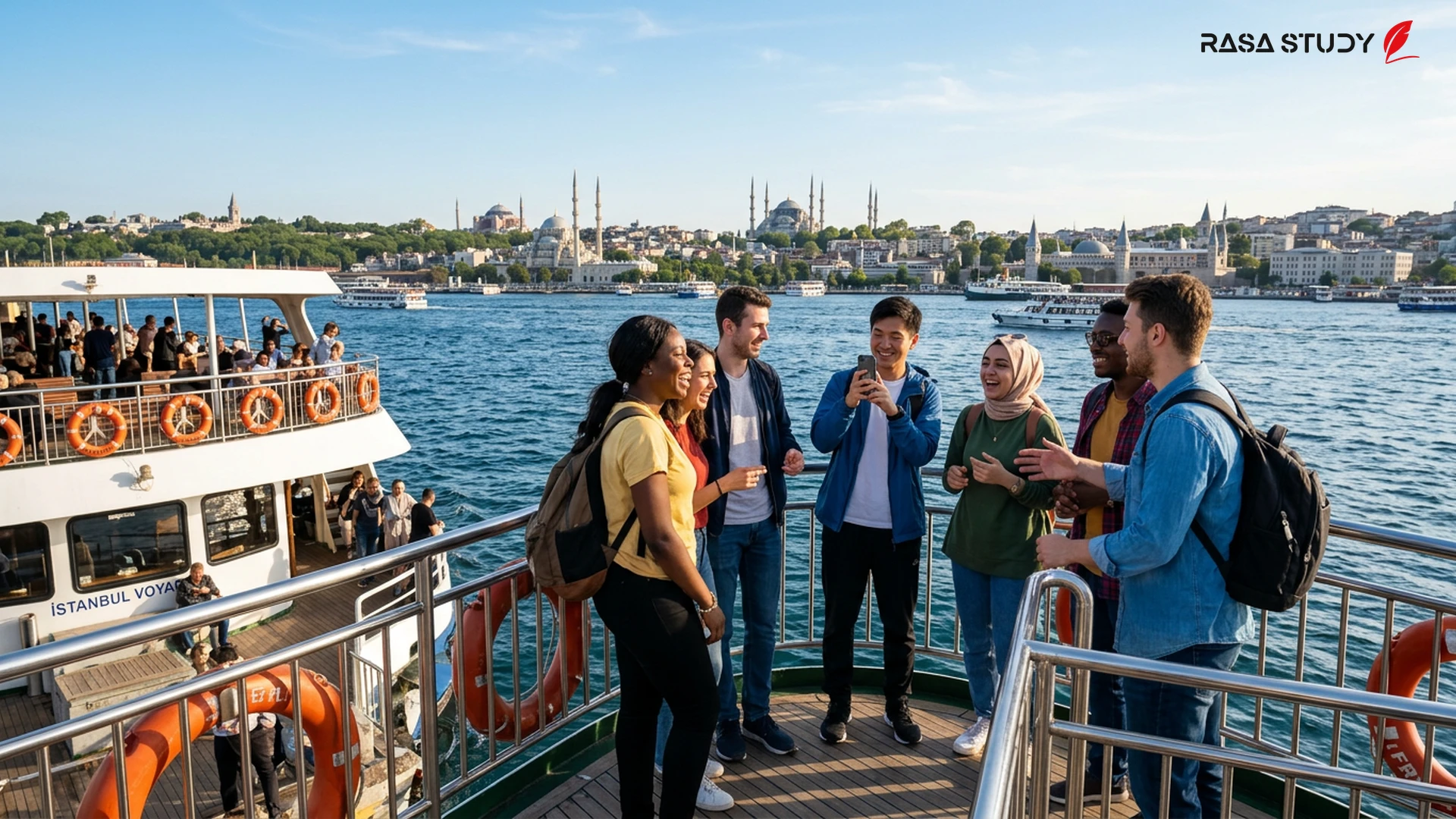 International TÖMER students celebrating on a boat