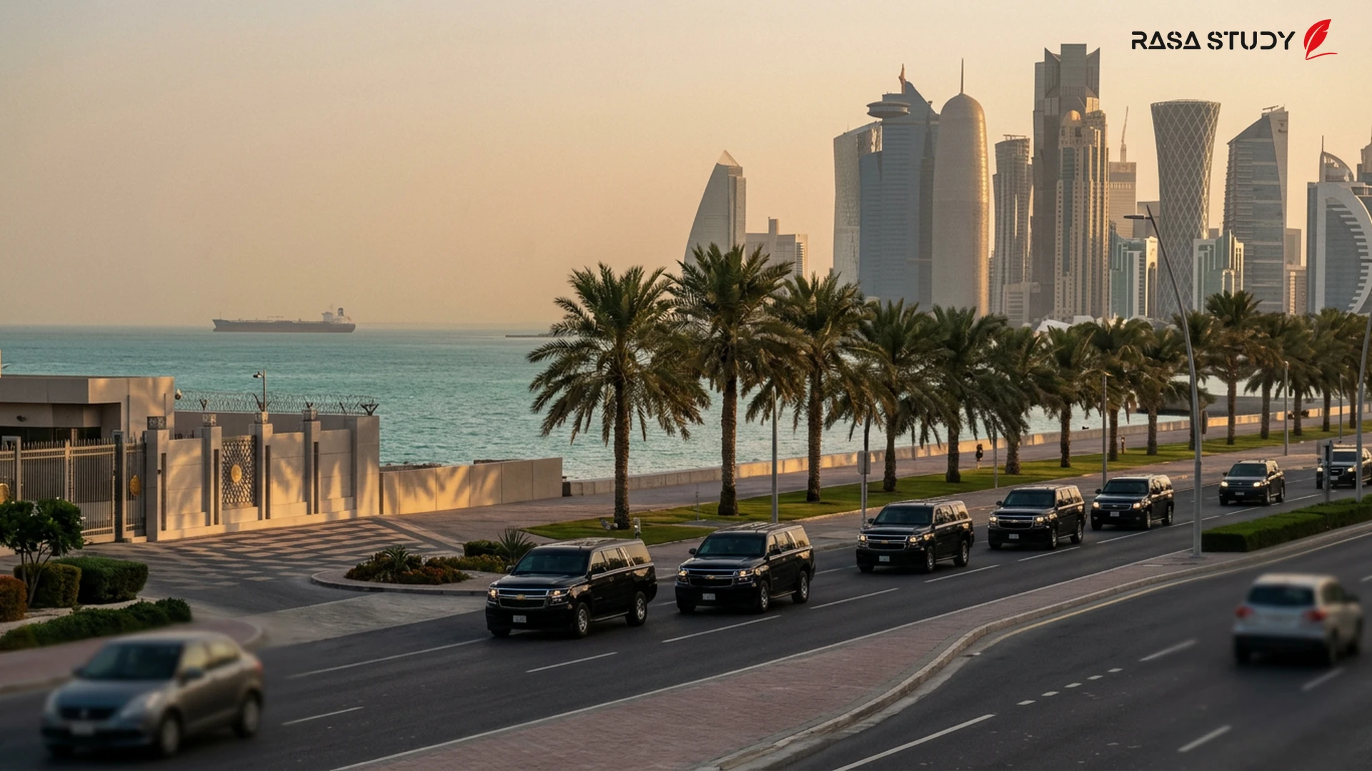 Doha şehri sembolü yanında Donald Trump, İran ve ABD bayraklarının görseli