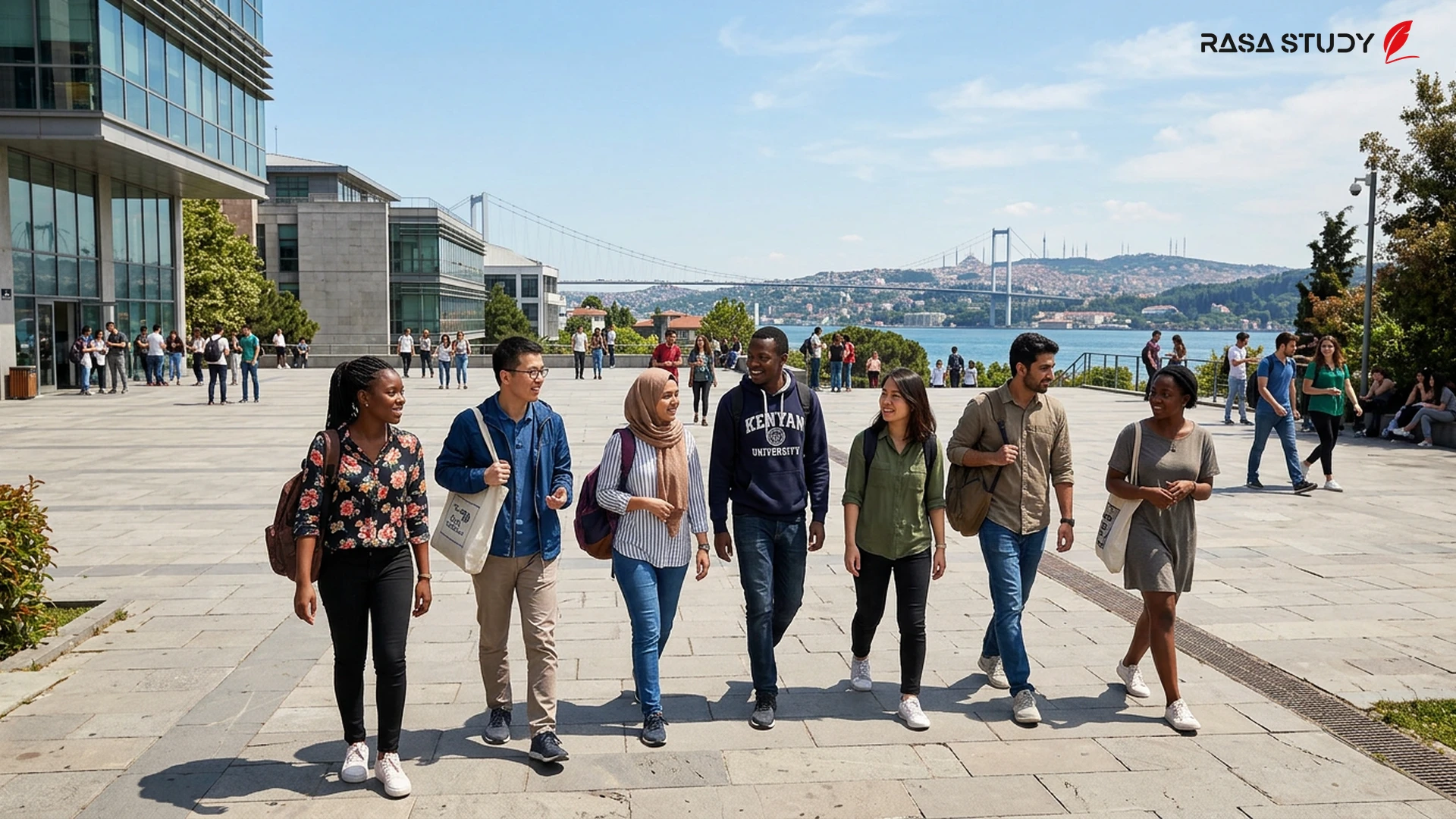 2026 yılında uluslararası öğrencilerle Türkiye'deki modern bir üniversiteden görünüm