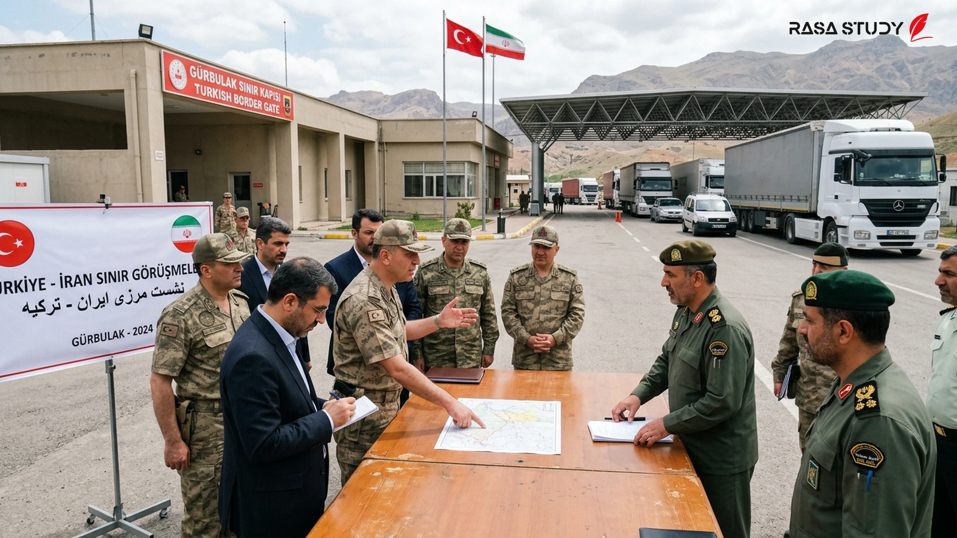 Iranian and Turkish officials in discussion at the Gürbulak border terminal