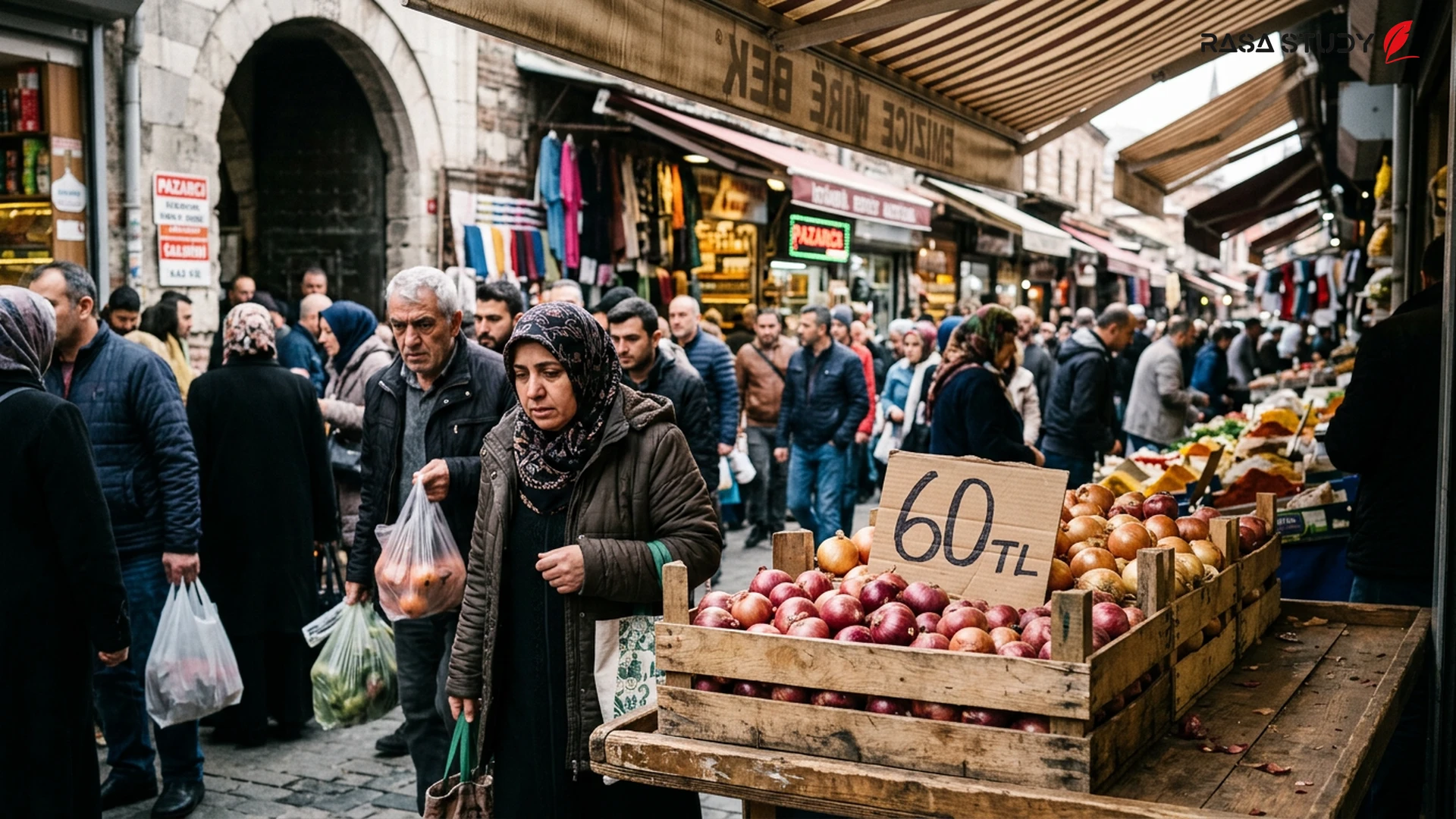 Fruit and vegetable market in Turkey and onion price tag
