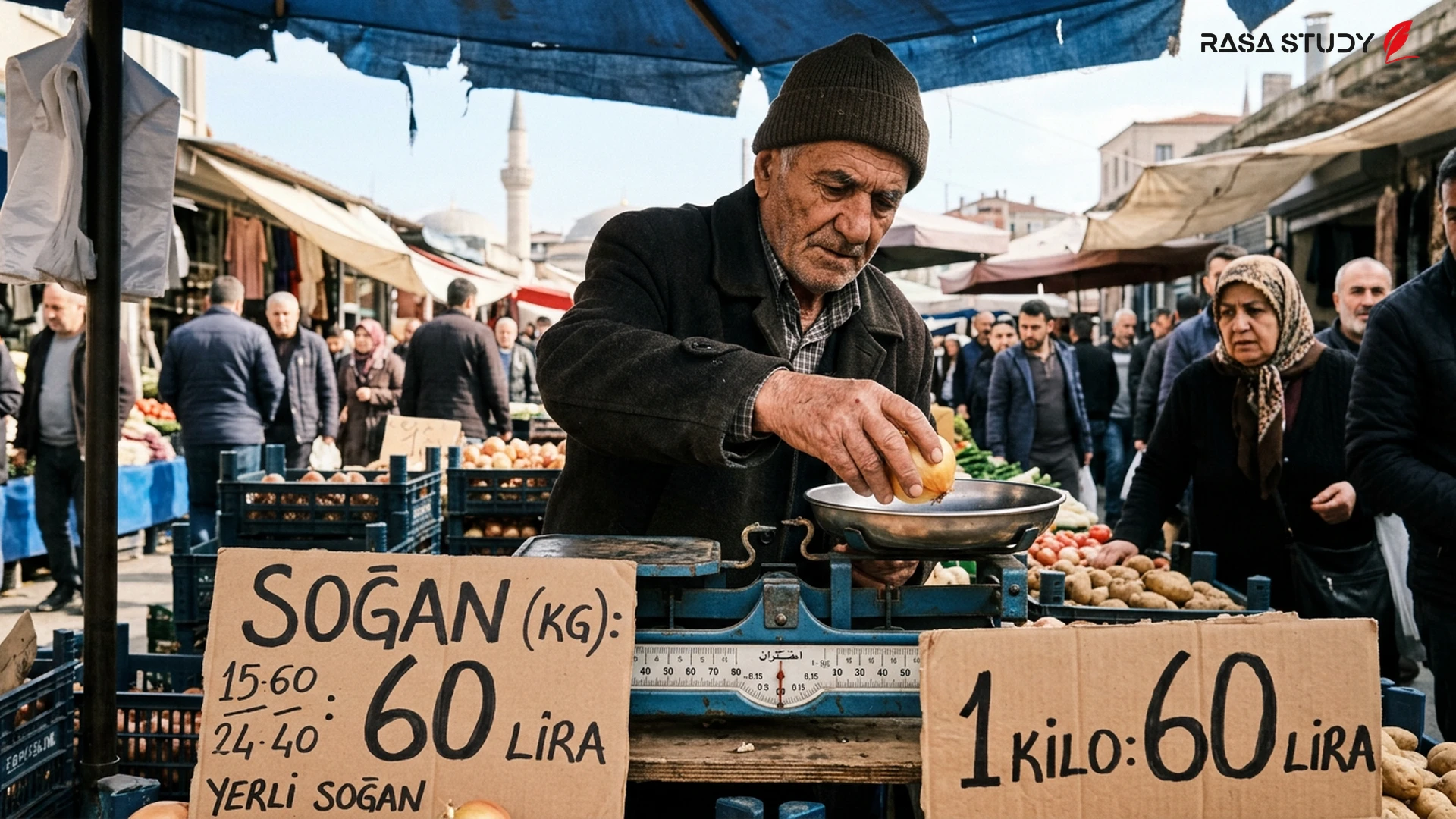 بازاری در ترکیه با تابلوهای قیمت پیاز و سبزیجات در جولای ۲۰۲۶