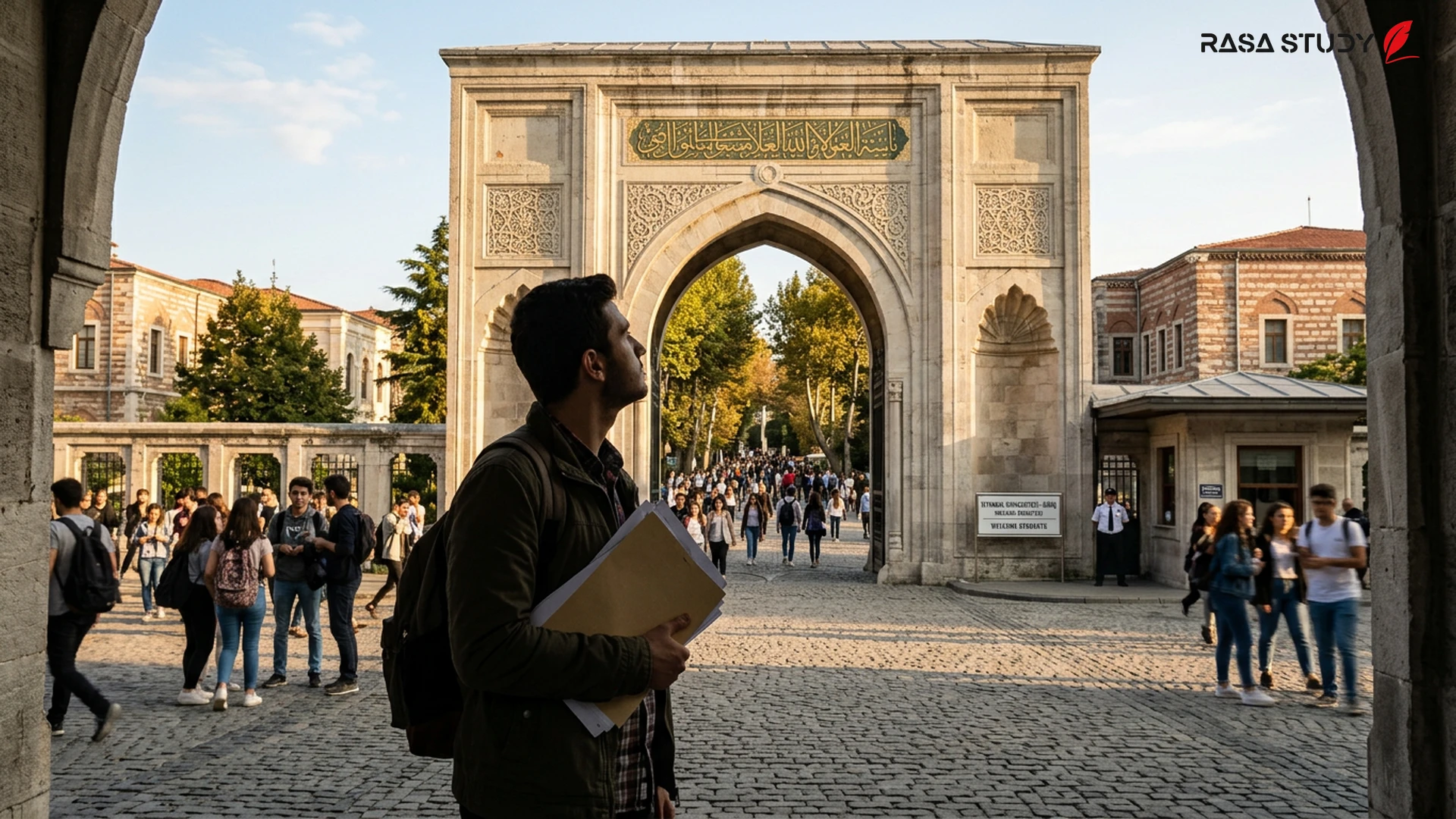 Turkish Parliament building and students studying