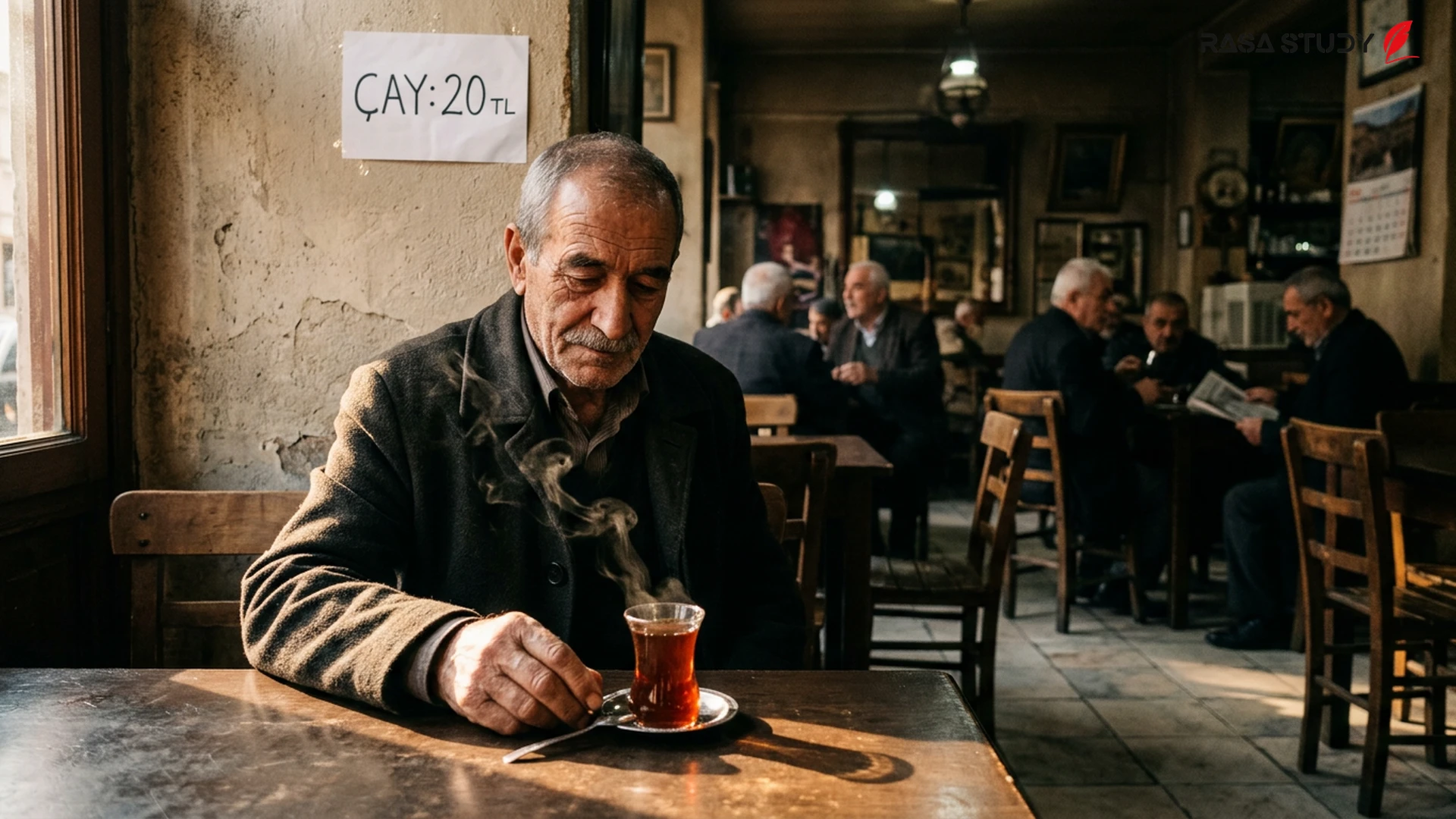 Kahvehane masasında geleneksel ince belli Türk çayı bardağı